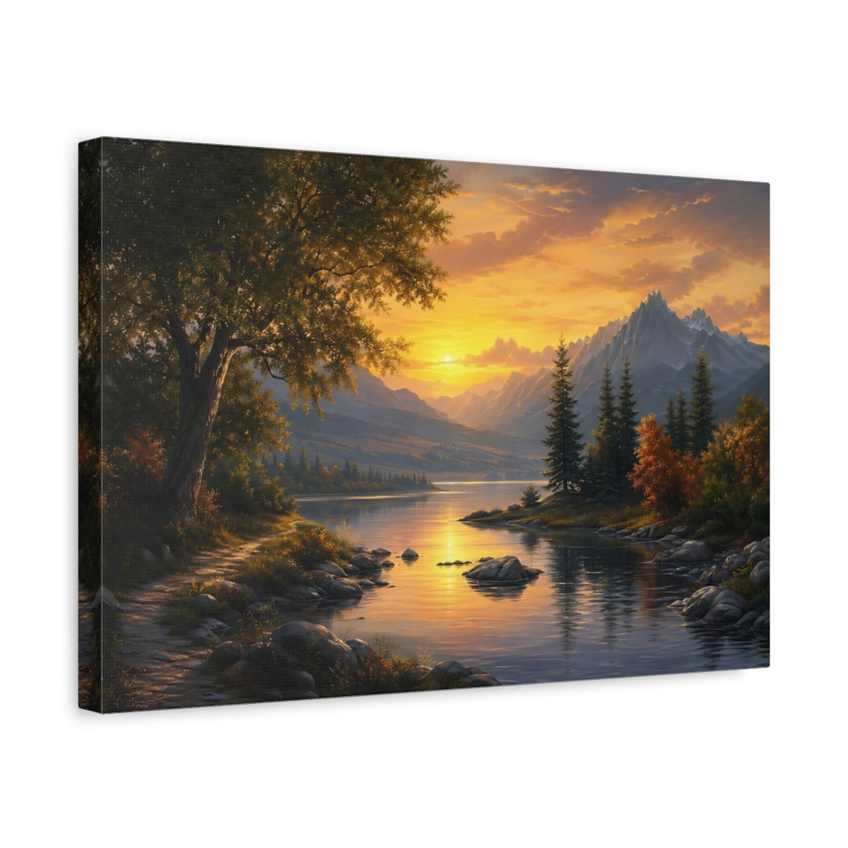 Side Mockup 4. Nature Mountain Lake Golden Sunset Lake shown as stretched canvas wall art