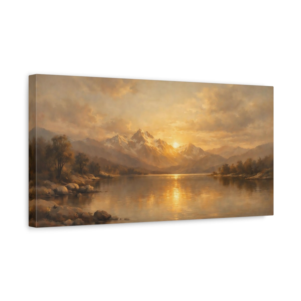 Side Mockup 3. Nature Mountain Lake Golden Sunset shown as stretched canvas wall art