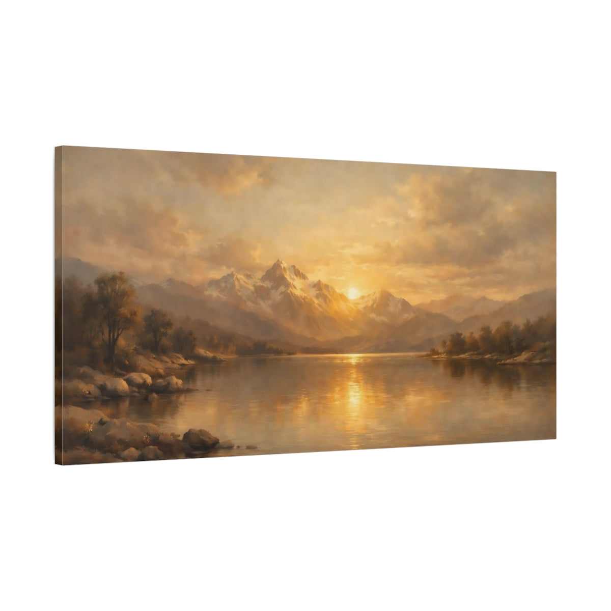 Side Mockup 1. Nature Mountain Lake Golden Sunset shown as stretched canvas wall art