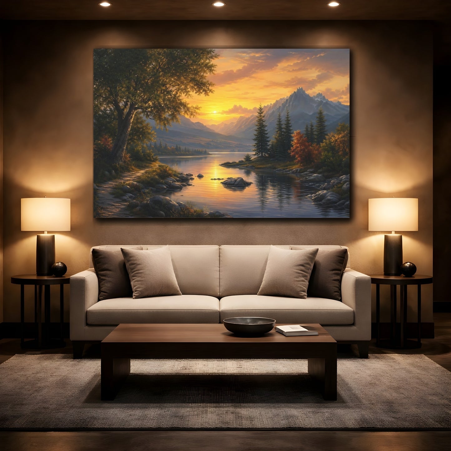 Mockup 2. Nature Mountain Lake Golden Sunset Lake shown as stretched canvas wall art
