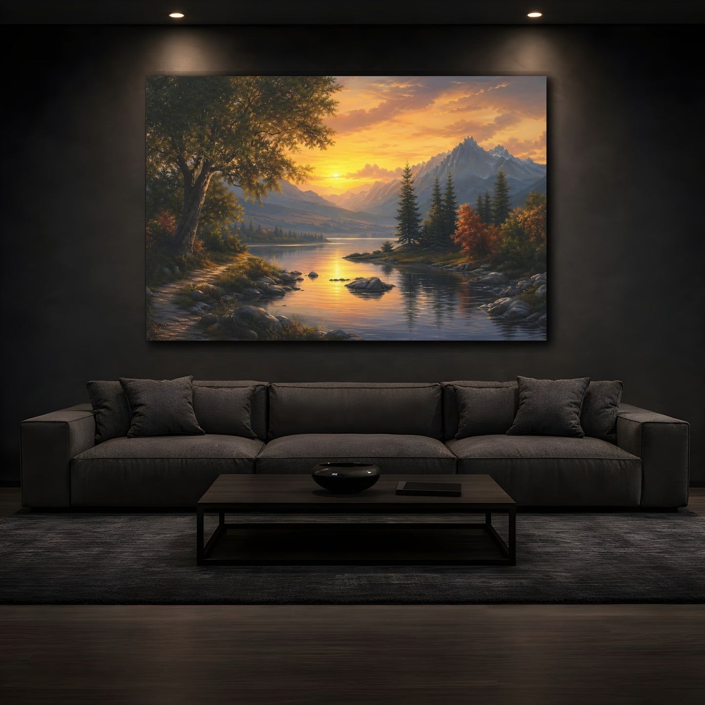 Mockup 3. Nature Mountain Lake Golden Sunset Lake shown as stretched canvas wall art