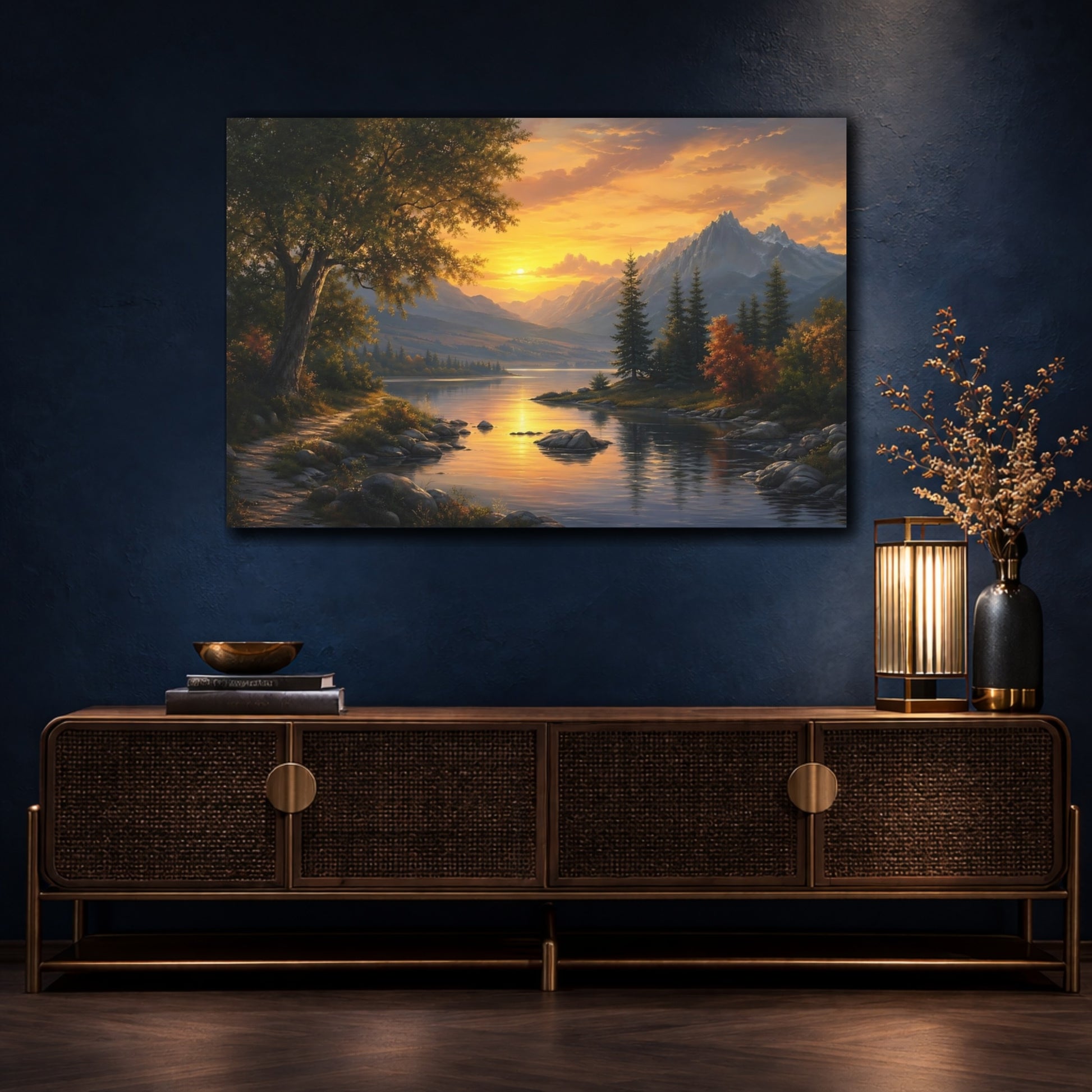 Mockup 4. Nature Mountain Lake Golden Sunset Lake shown as stretched canvas wall art