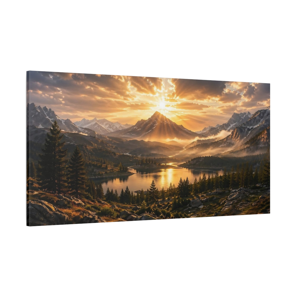 Side Mockup 2. Nature Mountain Lake Golden Sunset Landscape shown as stretched canvas wall art