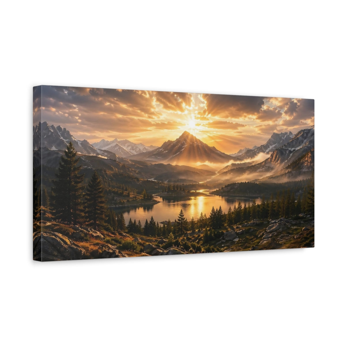 Side Mockup 3. Nature Mountain Lake Golden Sunset Landscape shown as stretched canvas wall art
