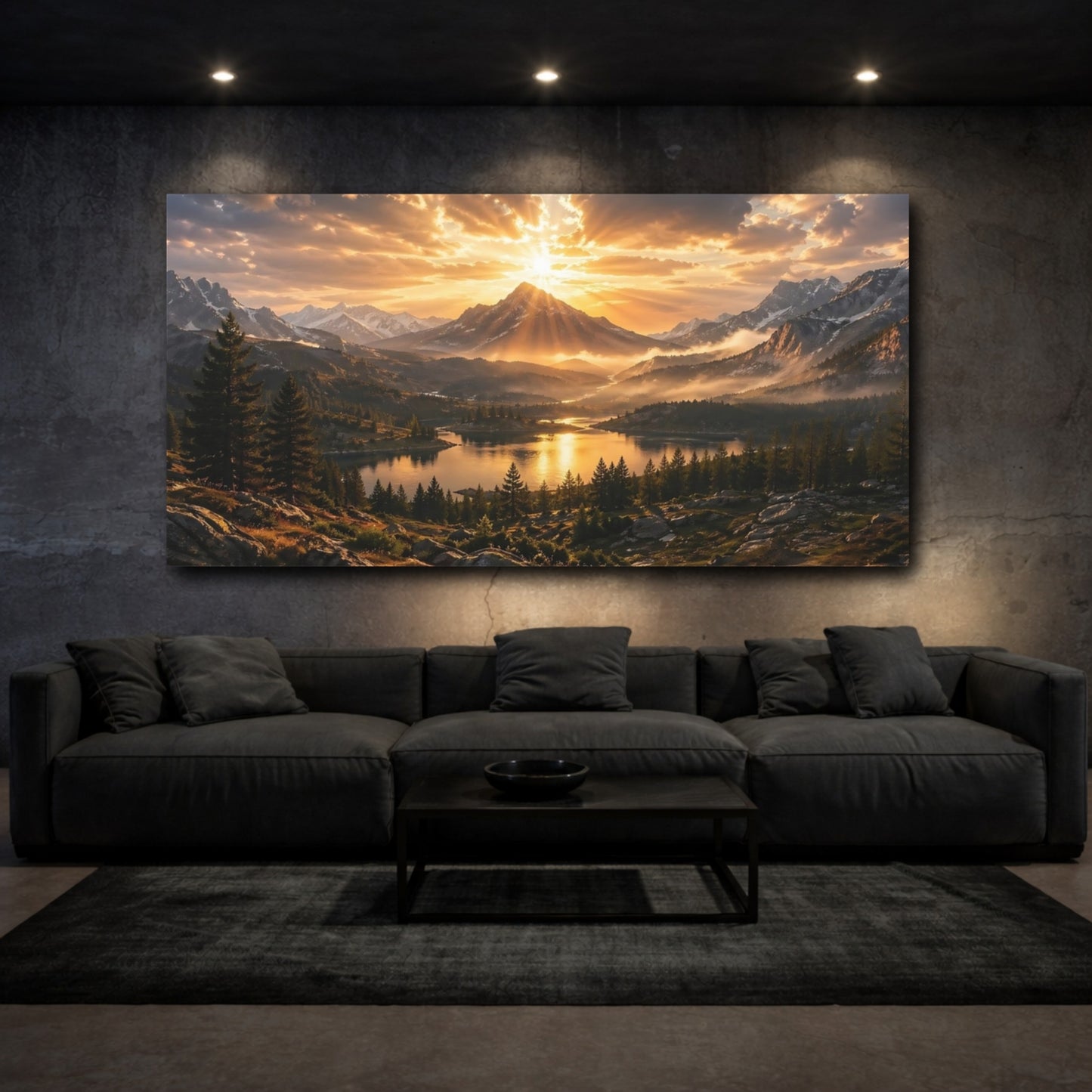 Mockup 2. Nature Mountain Lake Golden Sunset Landscape shown as stretched canvas wall art