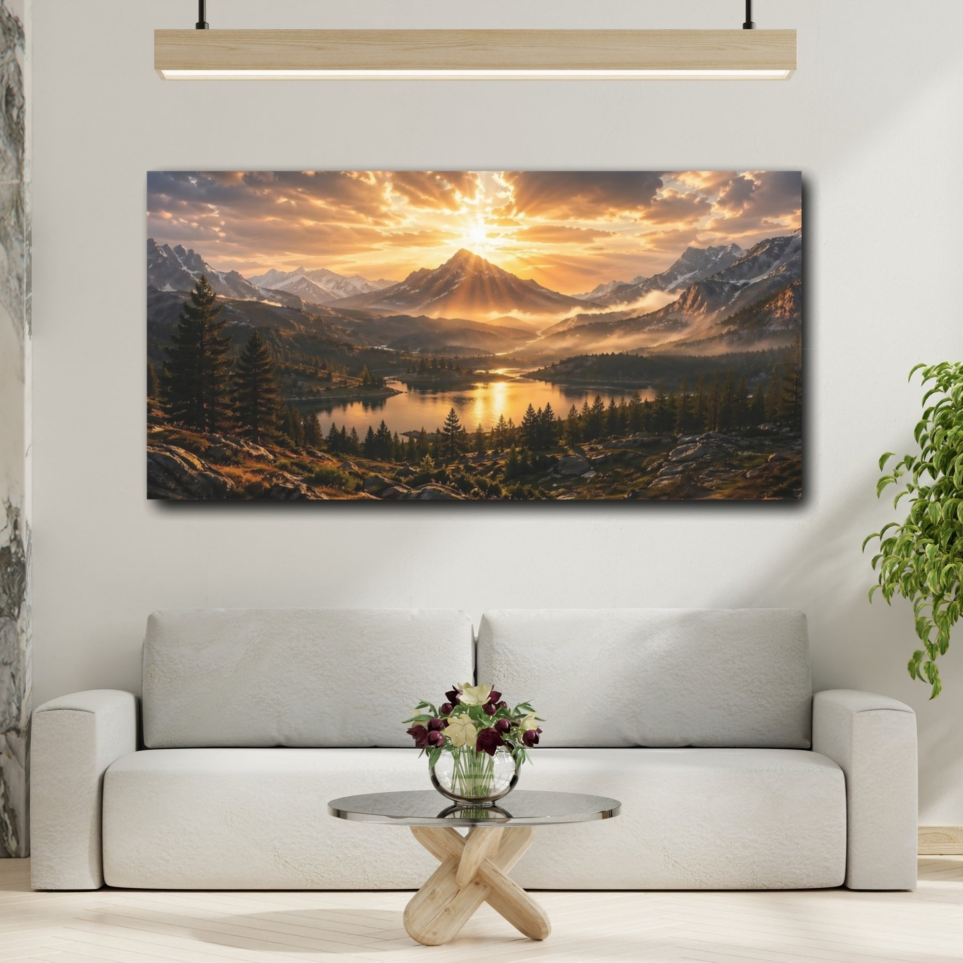 Mockup 3. Nature Mountain Lake Golden Sunset Landscape shown as stretched canvas wall art