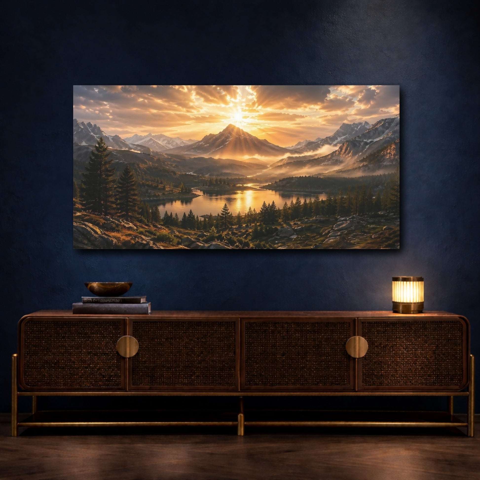 Mockup 4. Nature Mountain Lake Golden Sunset Landscape shown as stretched canvas wall art