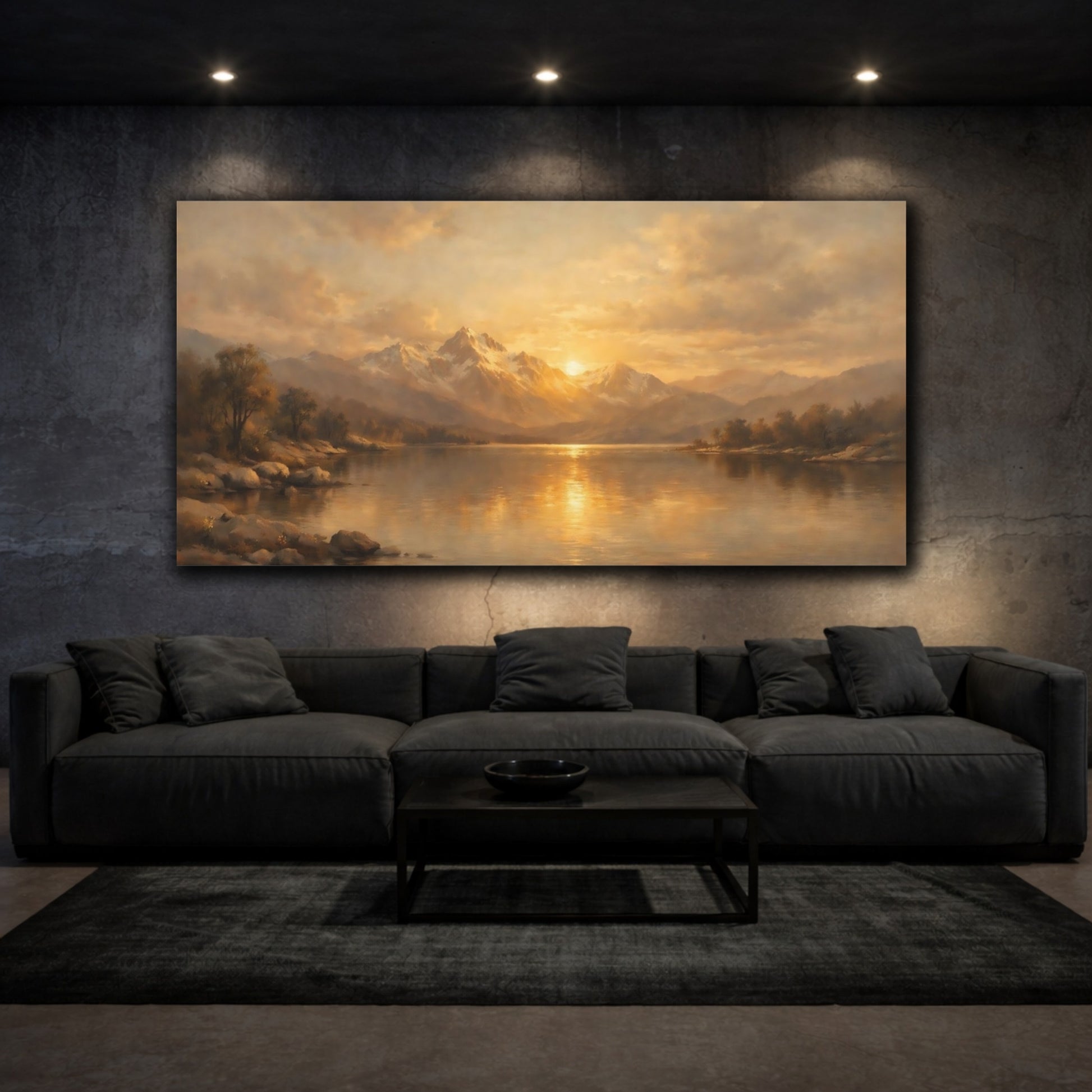 Mockup 2. Nature Mountain Lake Golden Sunset shown as stretched canvas wall art
