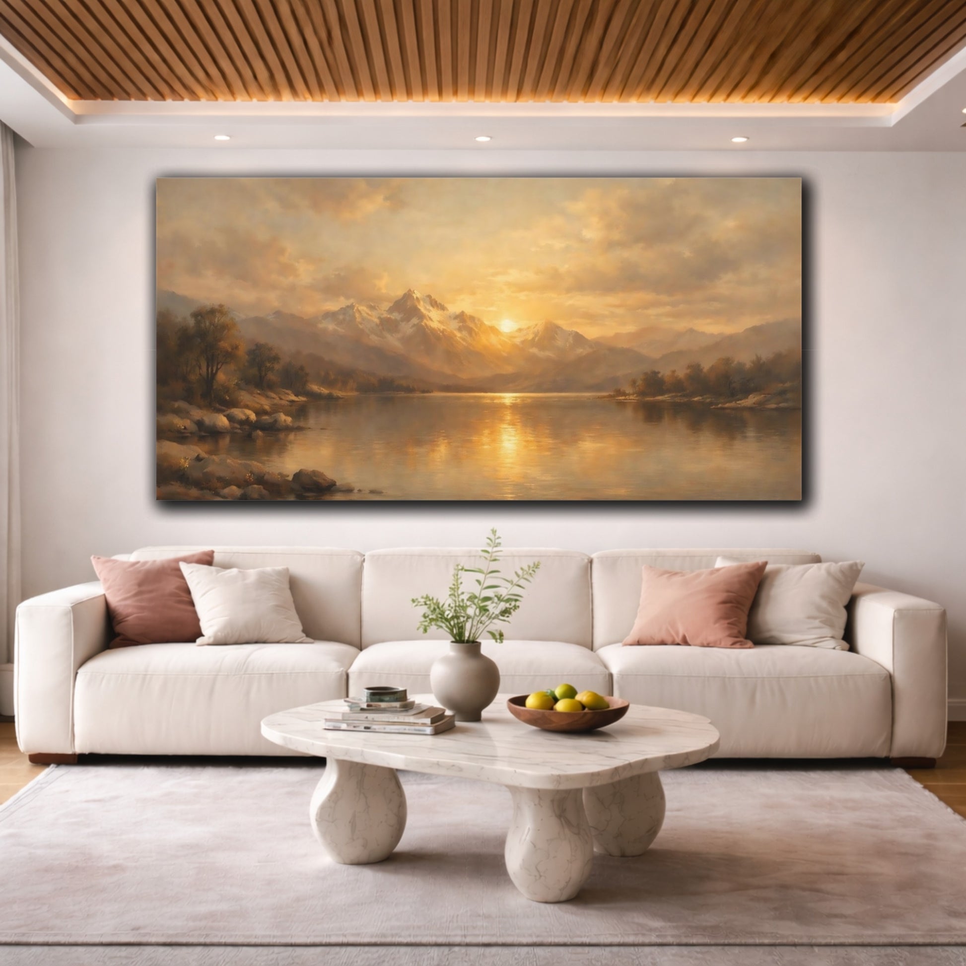 Mockup 3. Nature Mountain Lake Golden Sunset shown as stretched canvas wall art
