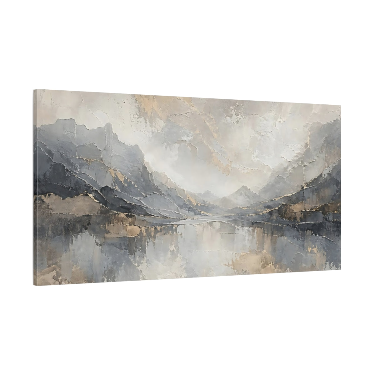 Side Mockup 2. Nature Mountain Lake Gray And Gold shown as stretched canvas wall art