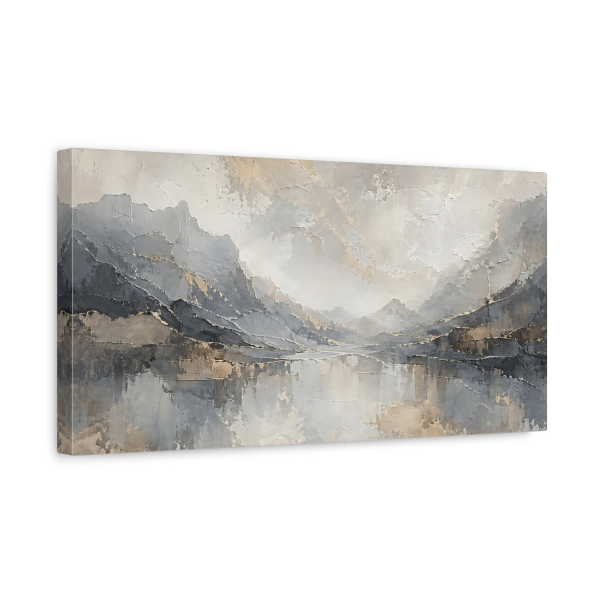 Side Mockup 3. Nature Mountain Lake Gray And Gold shown as stretched canvas wall art