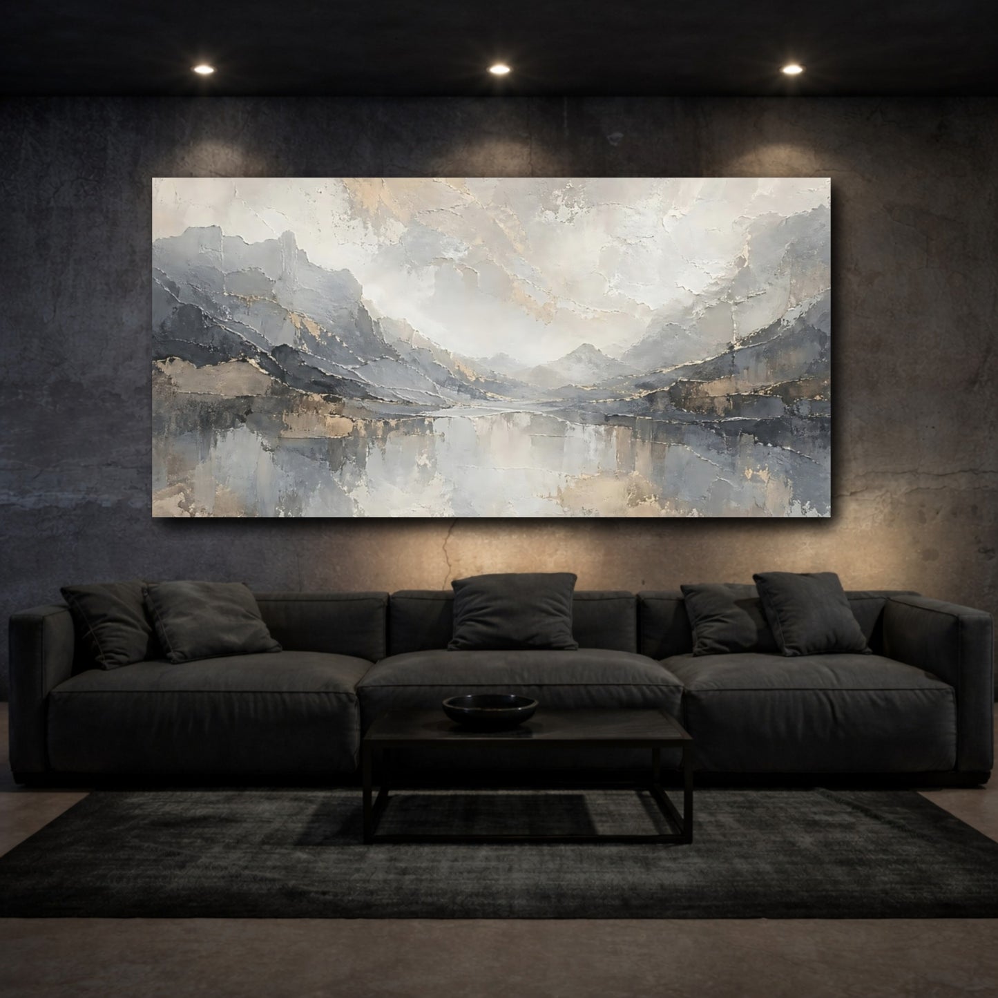 Mockup 2. Nature Mountain Lake Gray And Gold shown as stretched canvas wall art