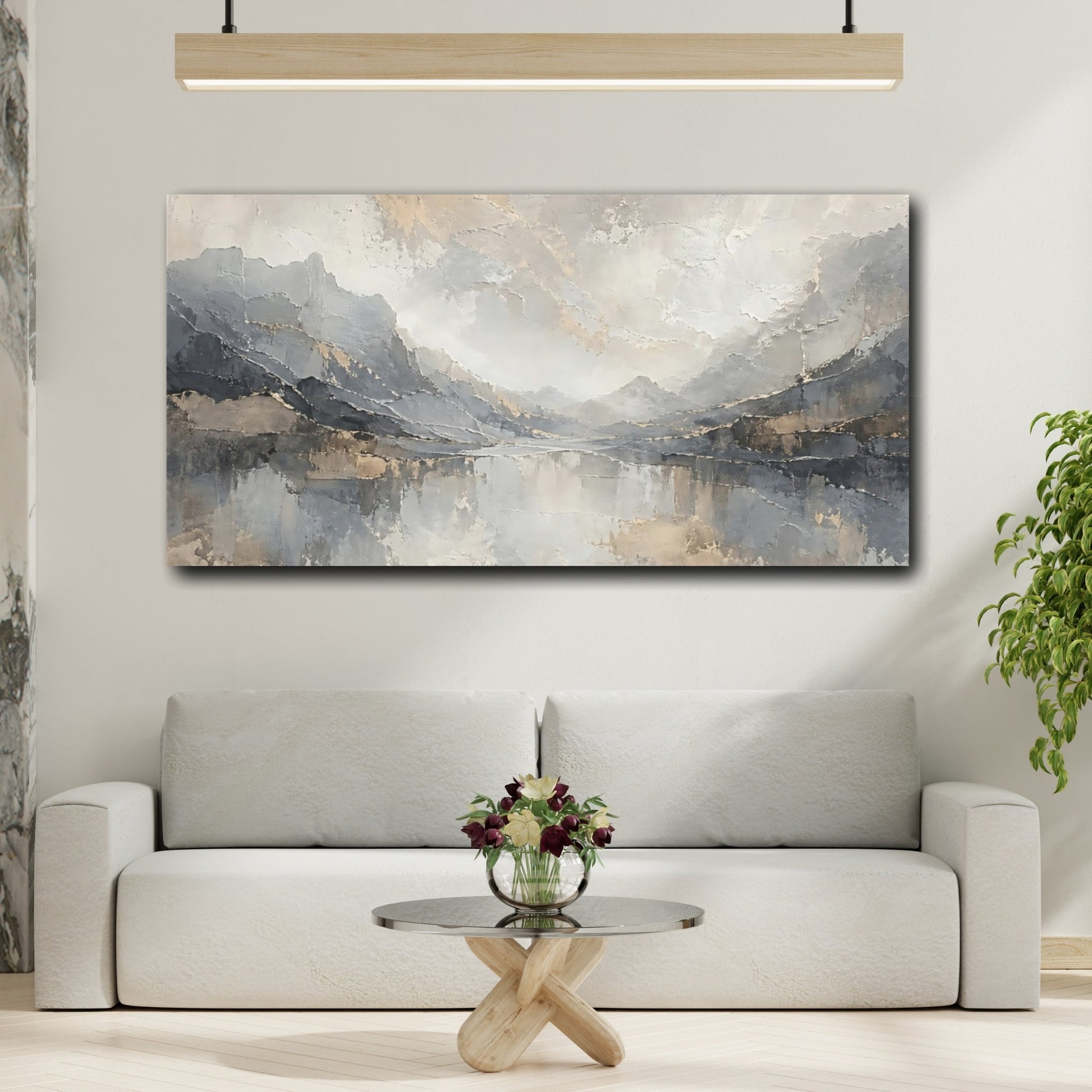 Mockup 3. Nature Mountain Lake Gray And Gold shown as stretched canvas wall art