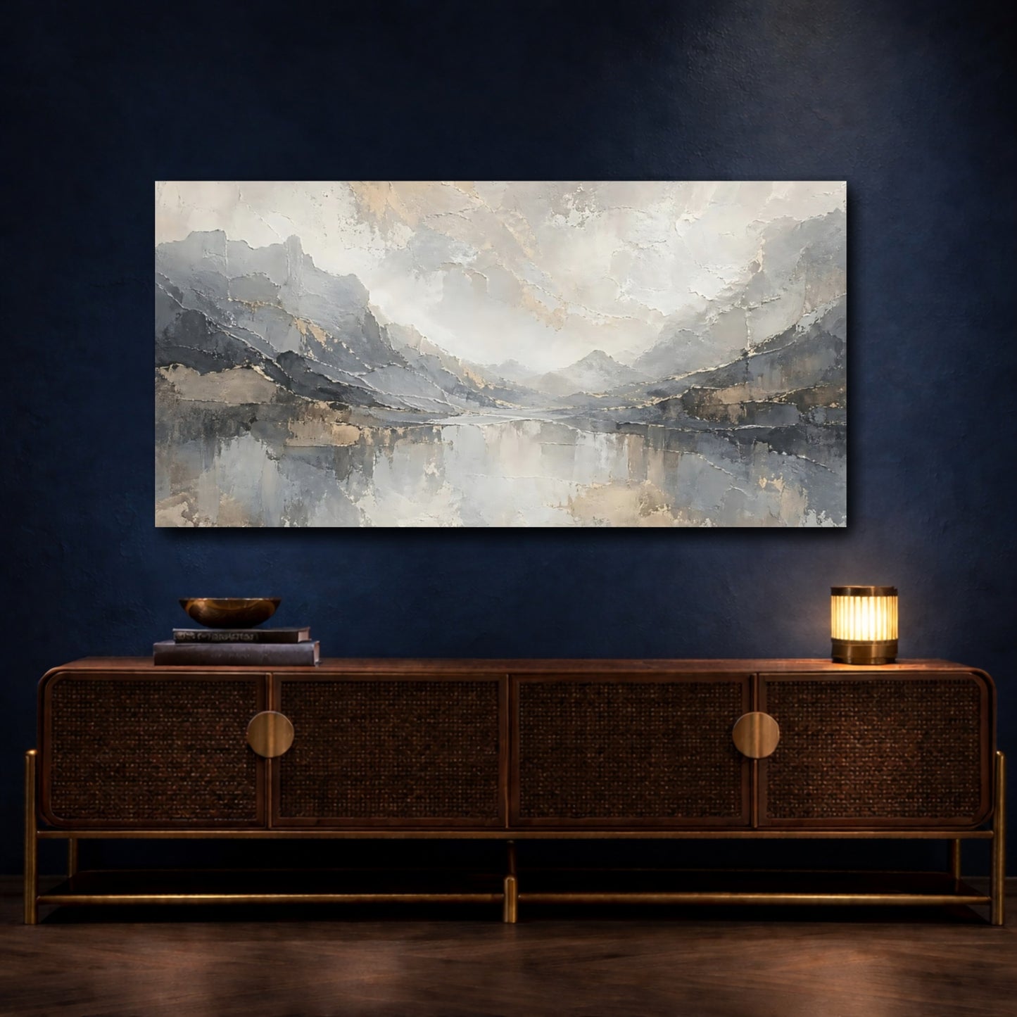 Mockup 4. Nature Mountain Lake Gray And Gold shown as stretched canvas wall art