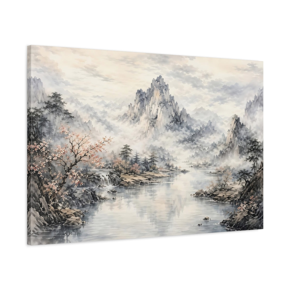 Main Mockup. Nature Mountain Lake Gray And Pink shown as stretched canvas wall art