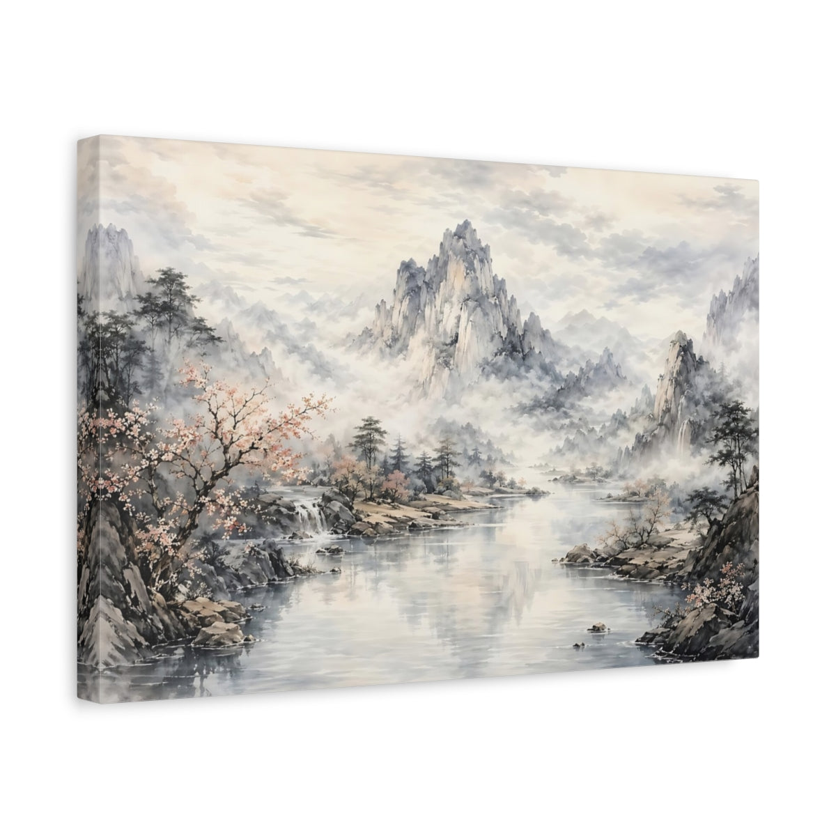 Side Mockup 4. Nature Mountain Lake Gray And Pink shown as stretched canvas wall art