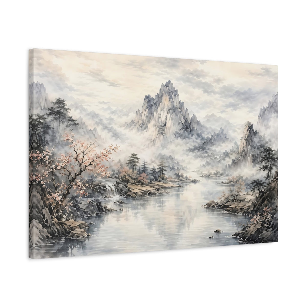 Side Mockup 2. Nature Mountain Lake Gray And Pink shown as stretched canvas wall art