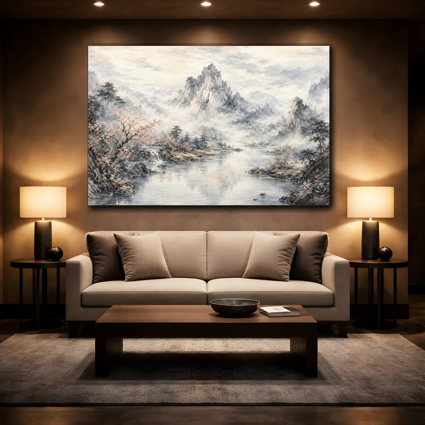 Mockup 2. Nature Mountain Lake Gray And Pink shown as stretched canvas wall art