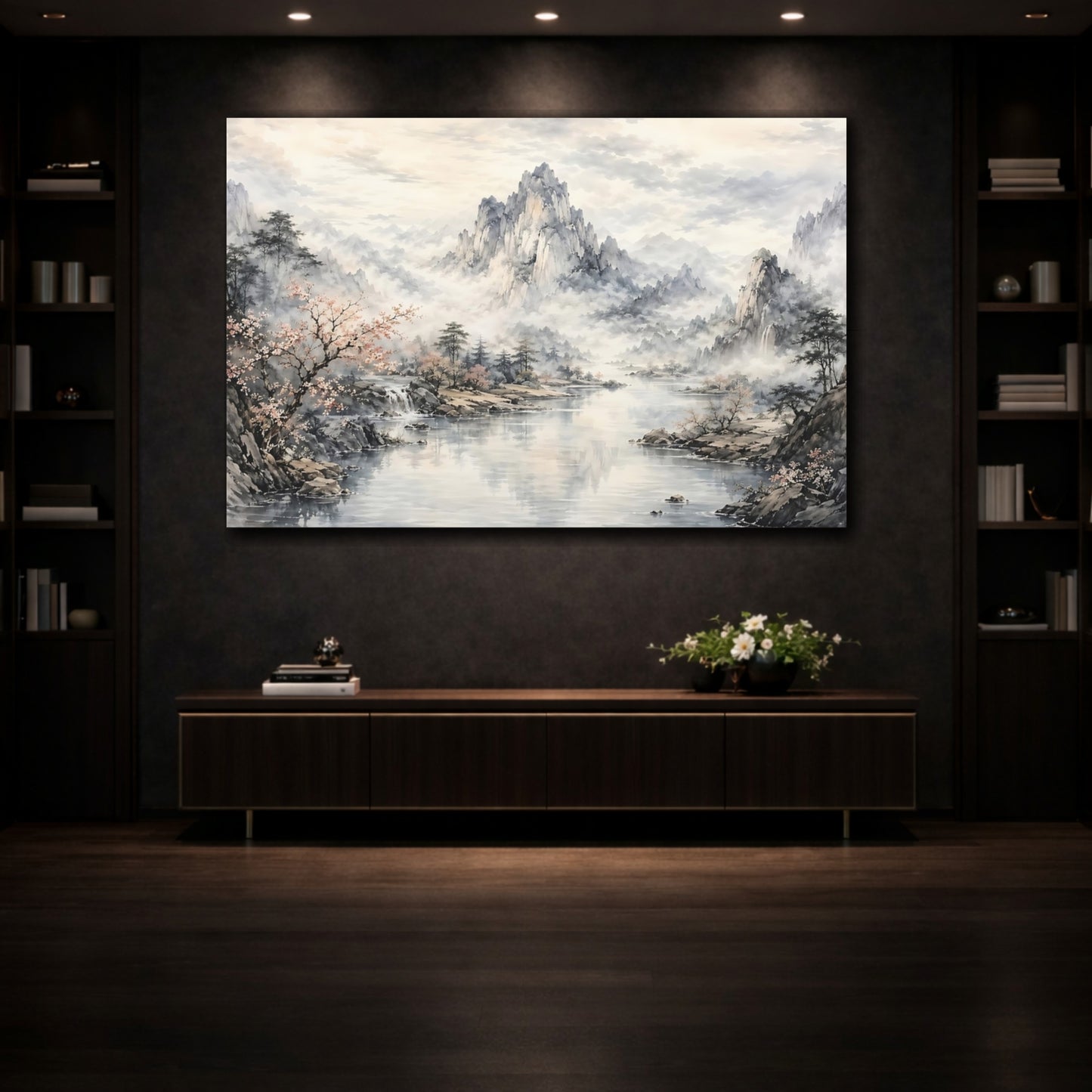 Mockup 3. Nature Mountain Lake Gray And Pink shown as stretched canvas wall art