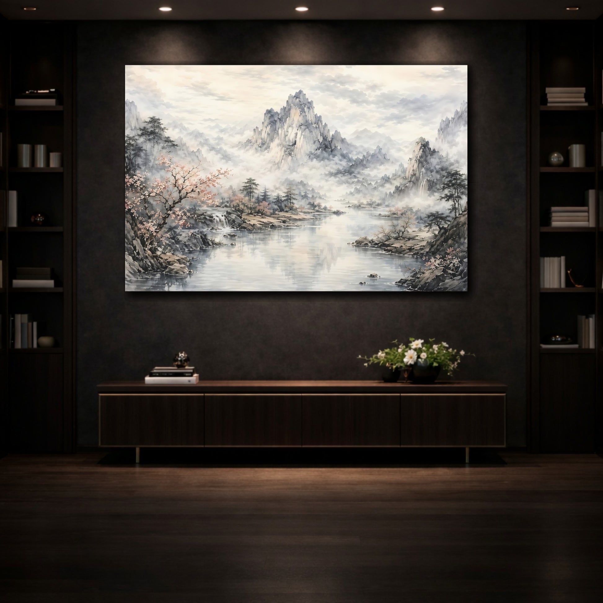 Mockup 3. Nature Mountain Lake Gray And Pink shown as stretched canvas wall art