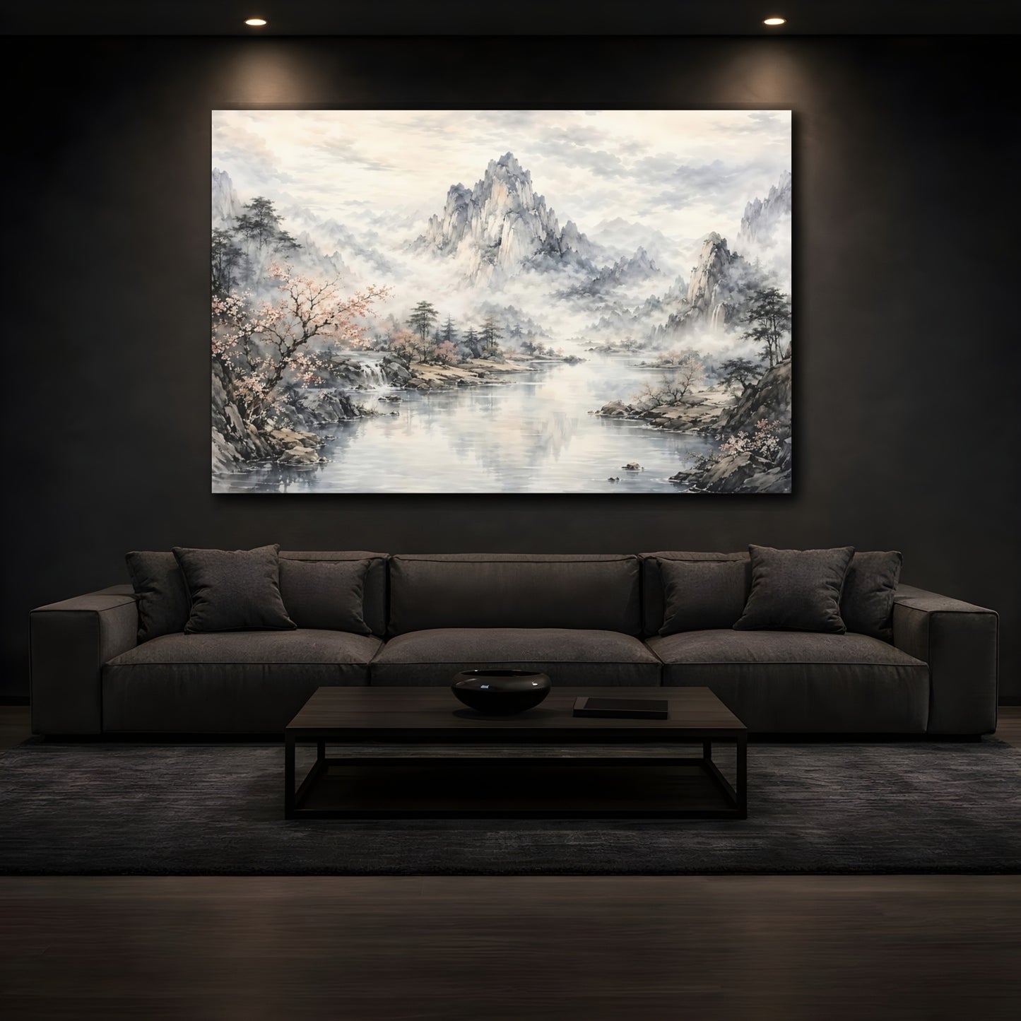 Mockup 4. Nature Mountain Lake Gray And Pink shown as stretched canvas wall art