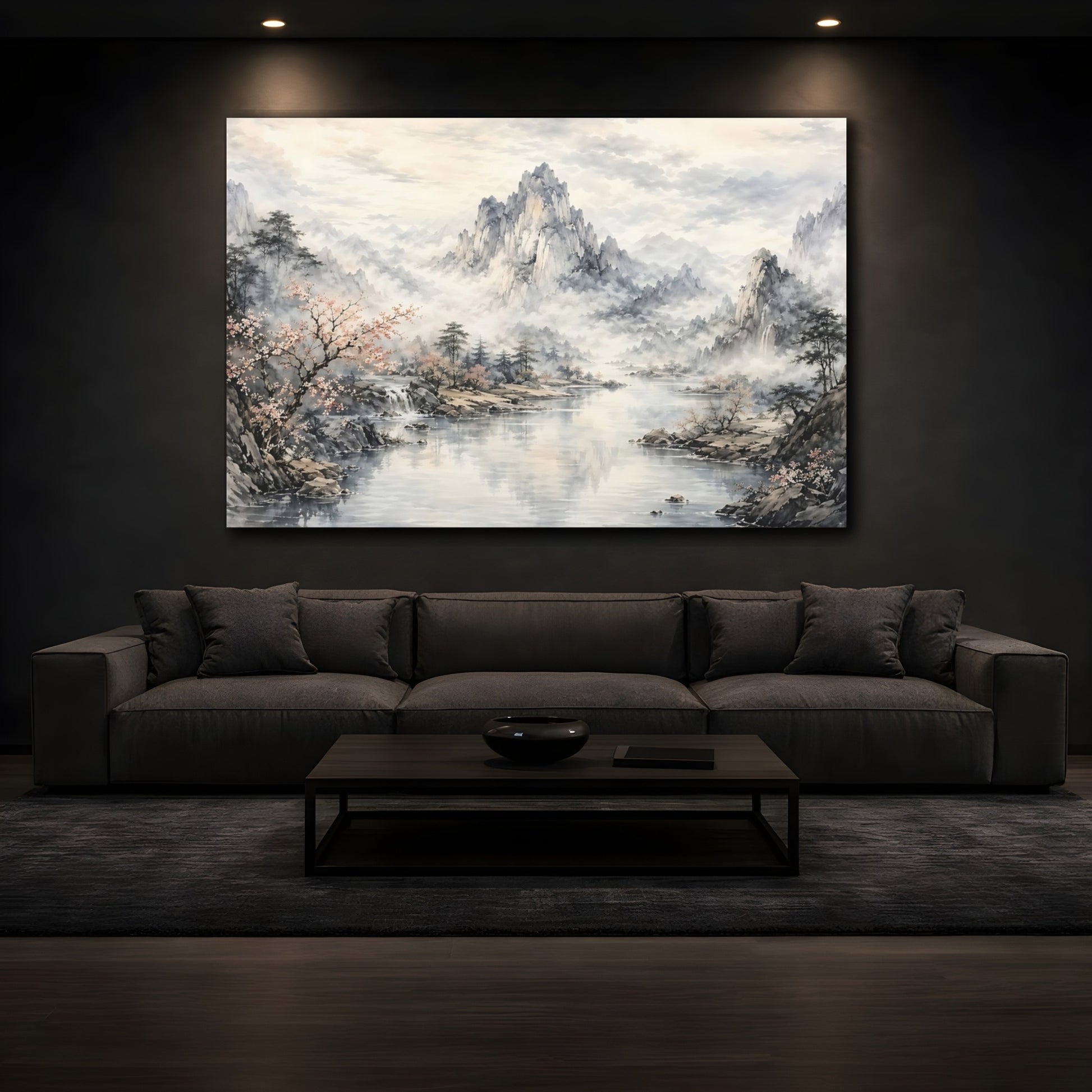 Mockup 4. Nature Mountain Lake Gray And Pink shown as stretched canvas wall art