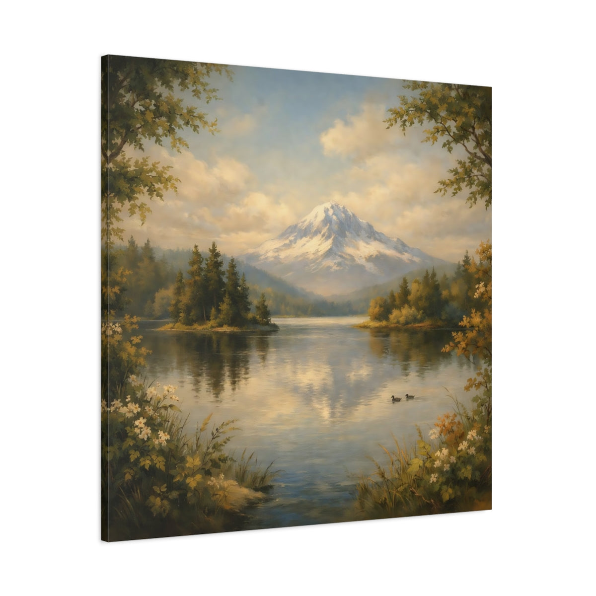 Main Mockup. Nature Mountain Lake Green Blue Landscape shown as stretched canvas wall art