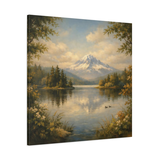 Main Mockup. Nature Mountain Lake Green Blue Landscape shown as stretched canvas wall art