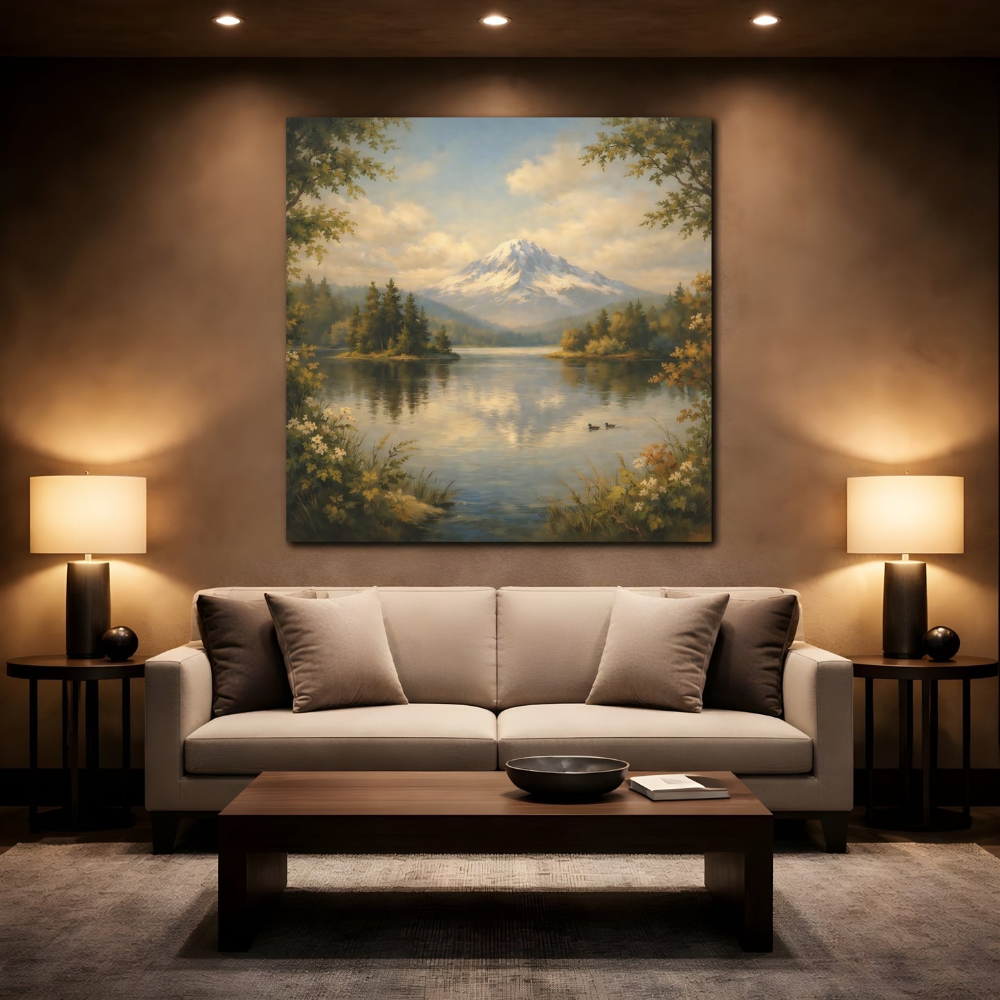 Mockup 2. Nature Mountain Lake Green Blue Landscape shown as stretched canvas wall art