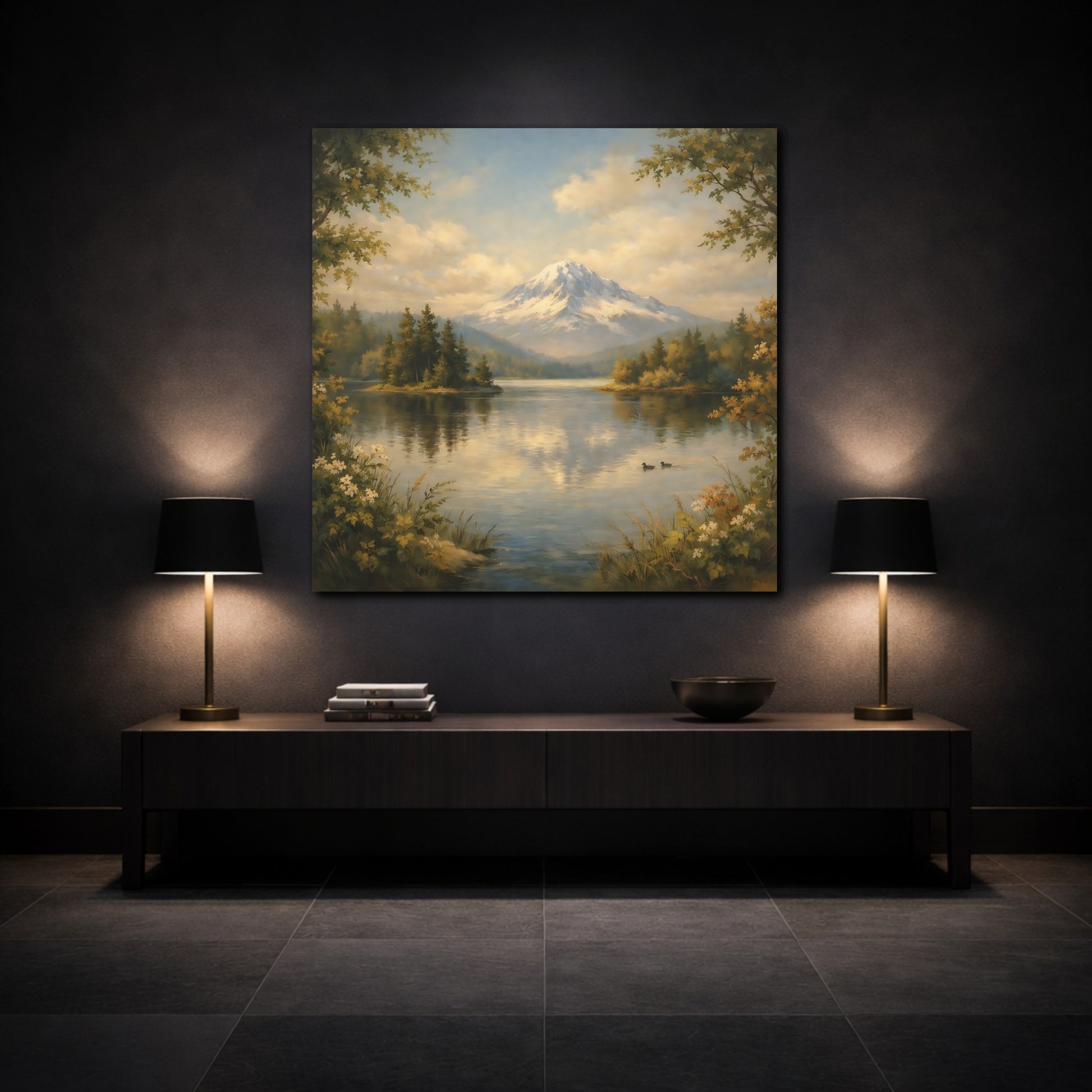 Mockup 3. Nature Mountain Lake Green Blue Landscape shown as stretched canvas wall art