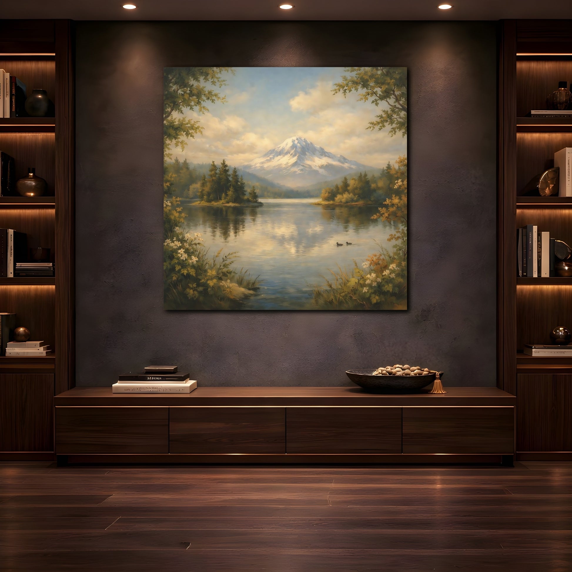 Mockup 4. Nature Mountain Lake Green Blue Landscape shown as stretched canvas wall art