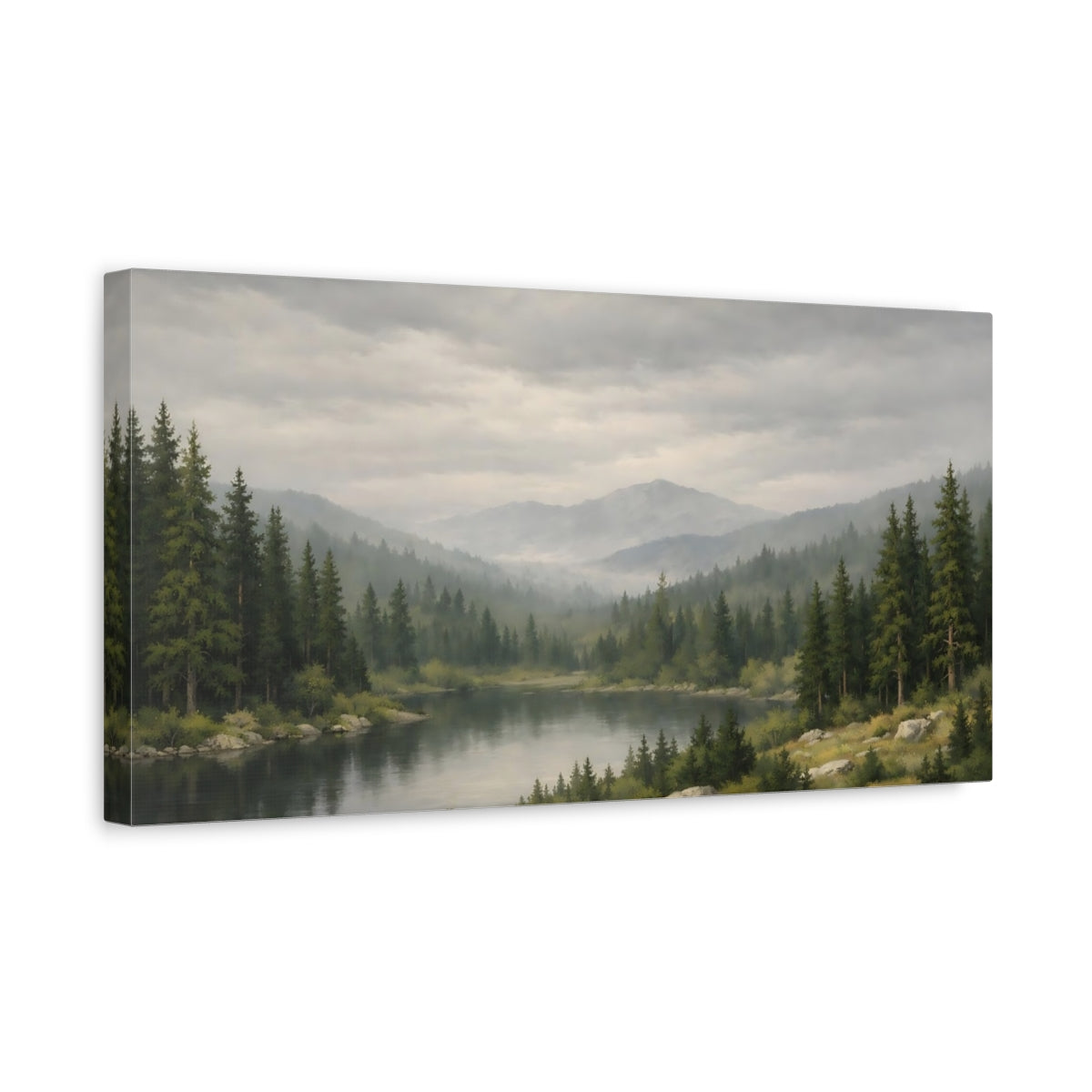 Side Mockup 3. Nature Mountain Lake Green Mountain Lake shown as stretched canvas wall art