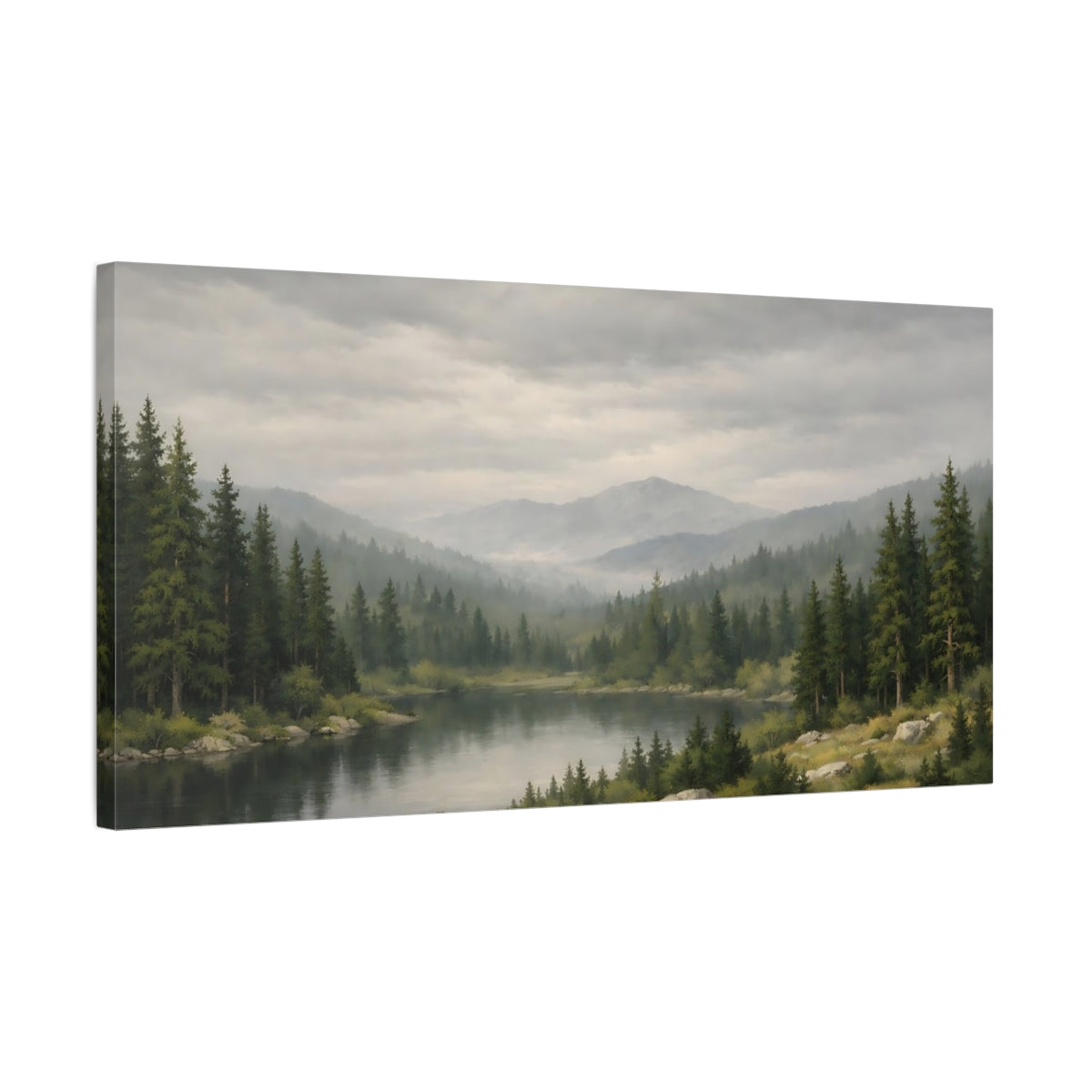 Side Mockup 2. Nature Mountain Lake Green Mountain Lake shown as stretched canvas wall art