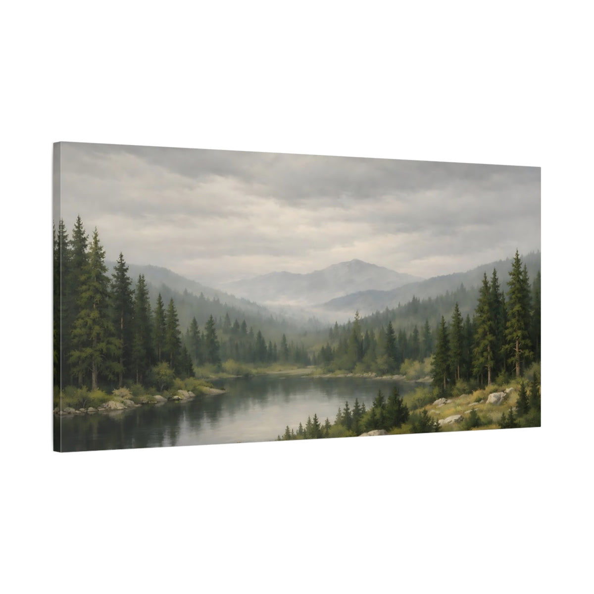 Side Mockup 1. Nature Mountain Lake Green Mountain Lake shown as stretched canvas wall art