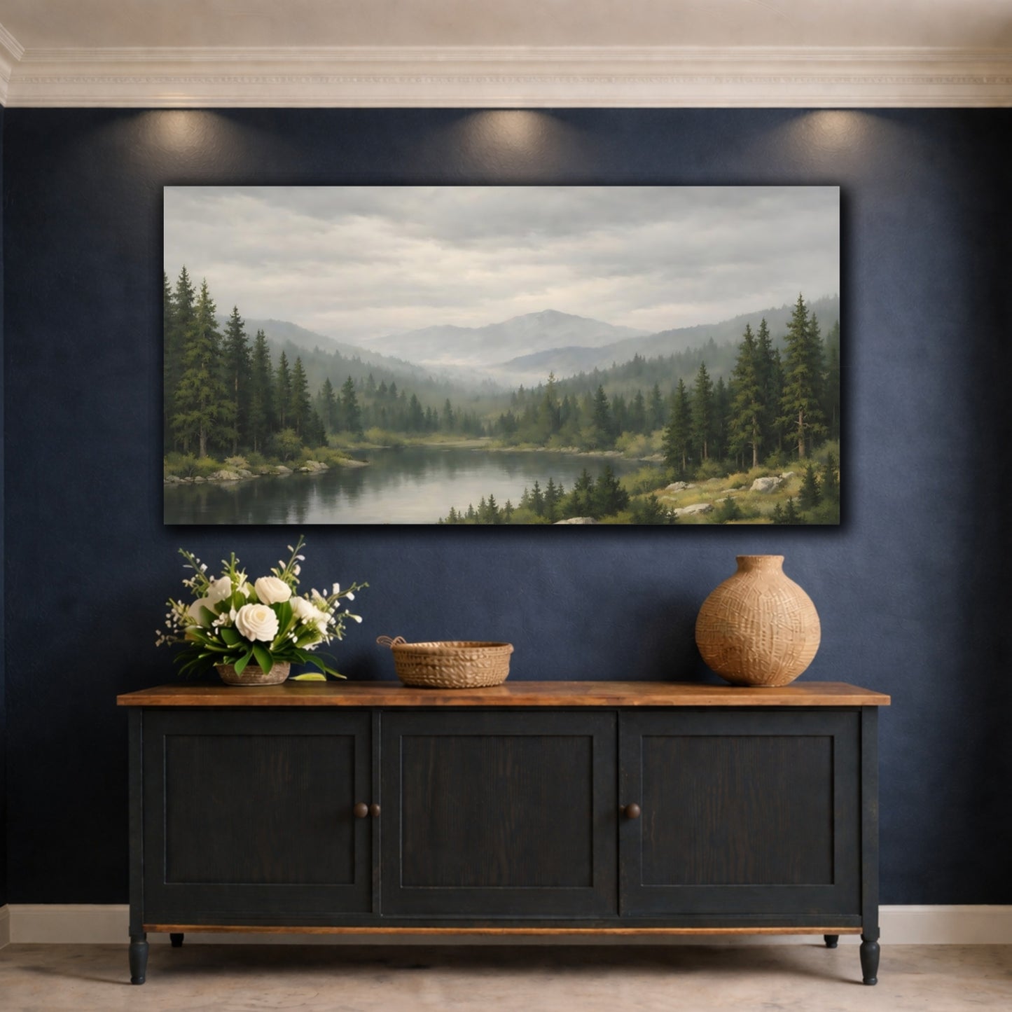 Mockup 4. Nature Mountain Lake Green Mountain Lake shown as stretched canvas wall art