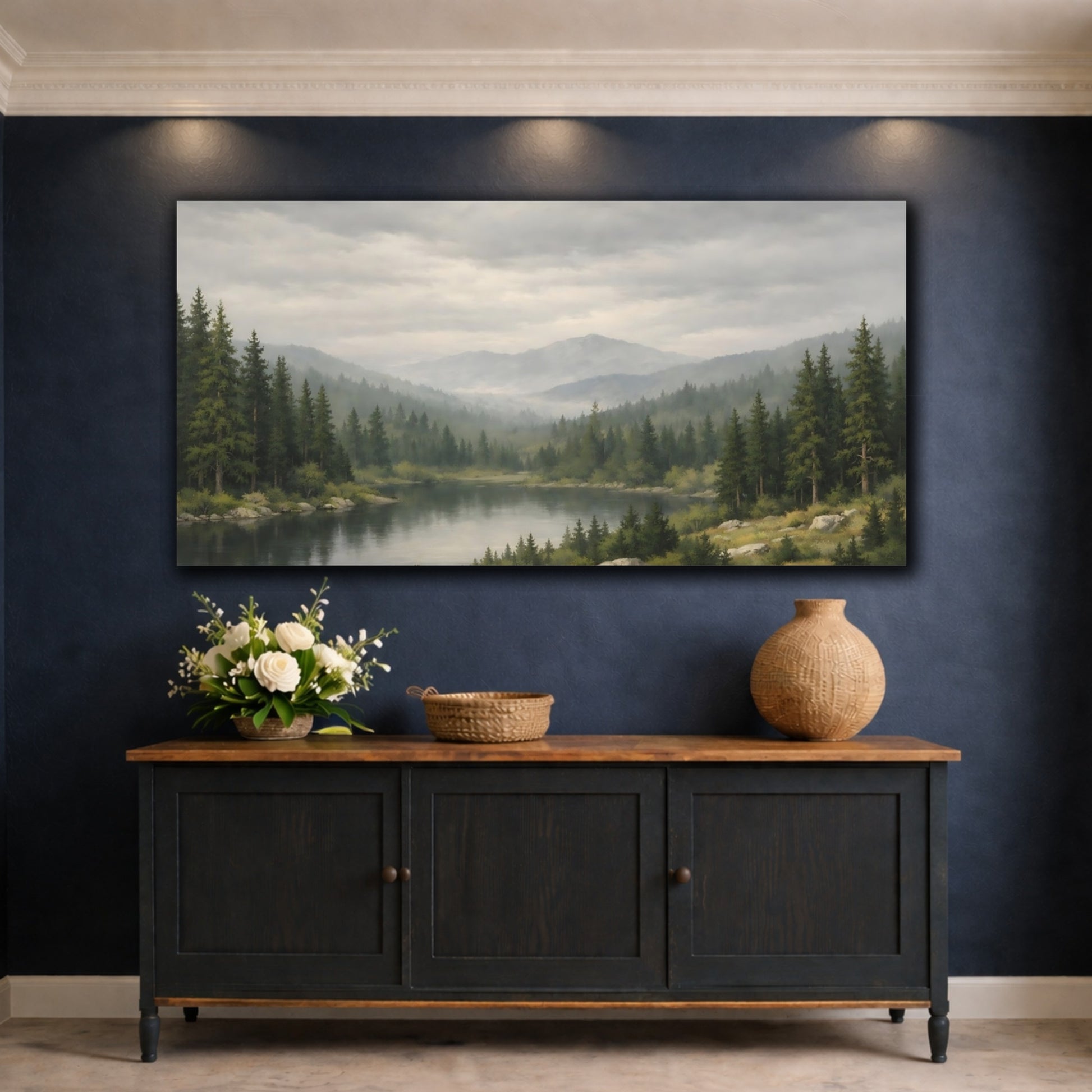 Mockup 4. Nature Mountain Lake Green Mountain Lake shown as stretched canvas wall art
