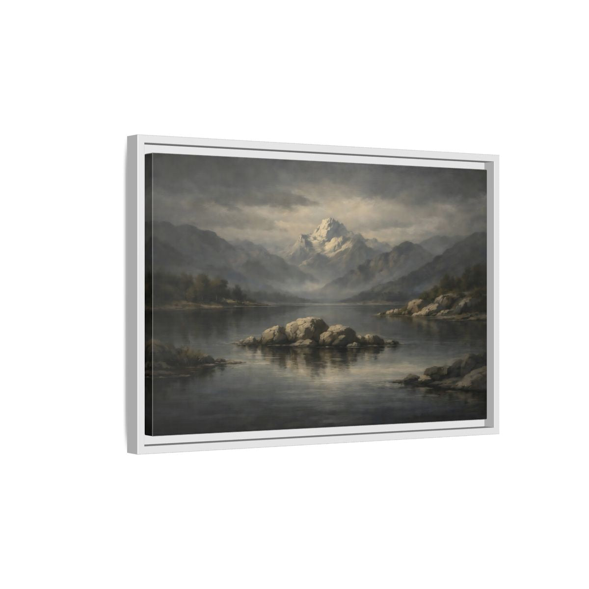 Side Mockup 1. Nature Mountain Lake Grey And Blue Landscape shown as stretched canvas wall art