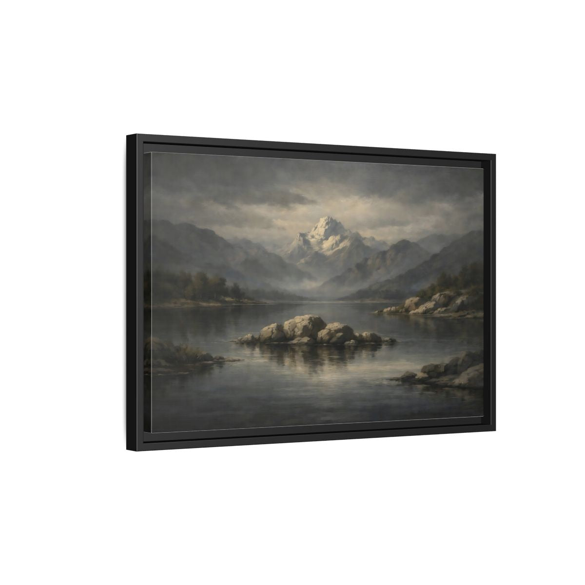 Side Mockup 3. Nature Mountain Lake Grey And Blue Landscape shown as stretched canvas wall art