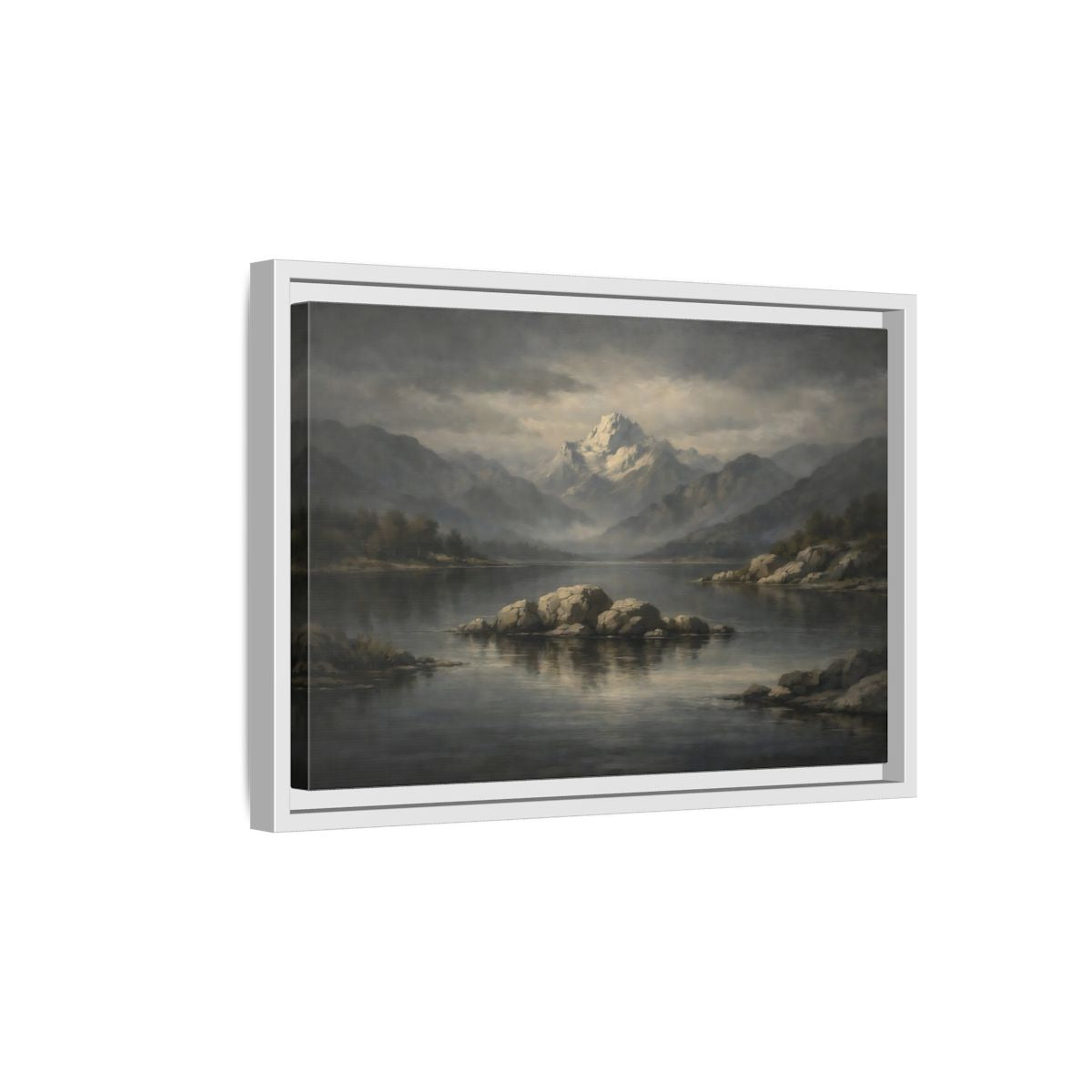 Side Mockup 4. Nature Mountain Lake Grey And Blue Landscape shown as stretched canvas wall art