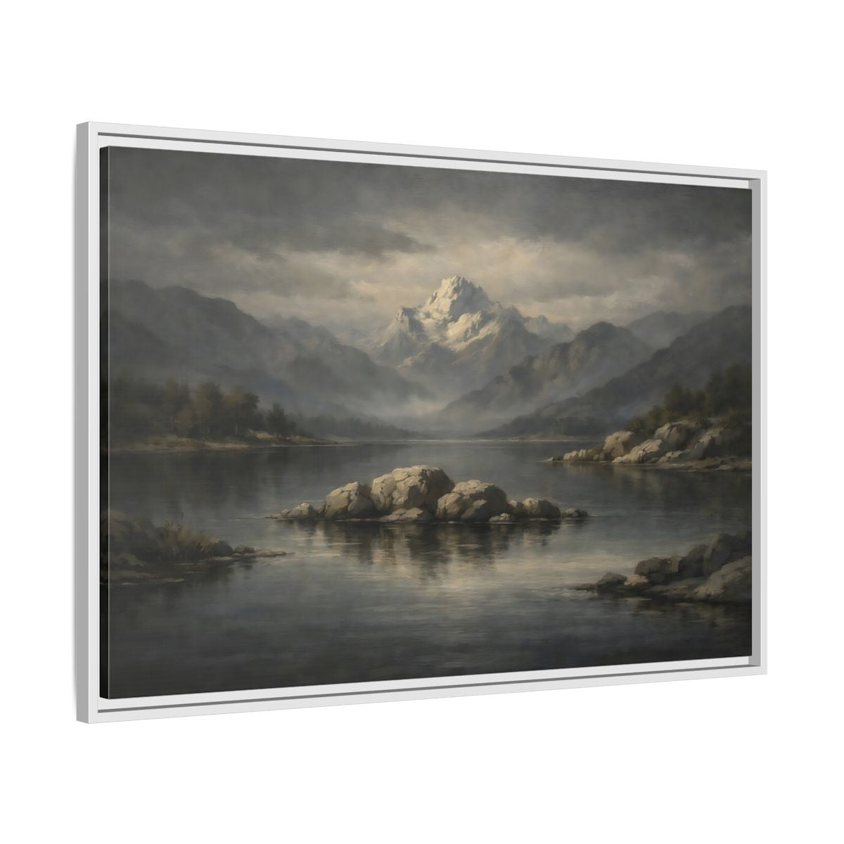 Side Mockup 8. Nature Mountain Lake Grey And Blue Landscape shown as stretched canvas wall art