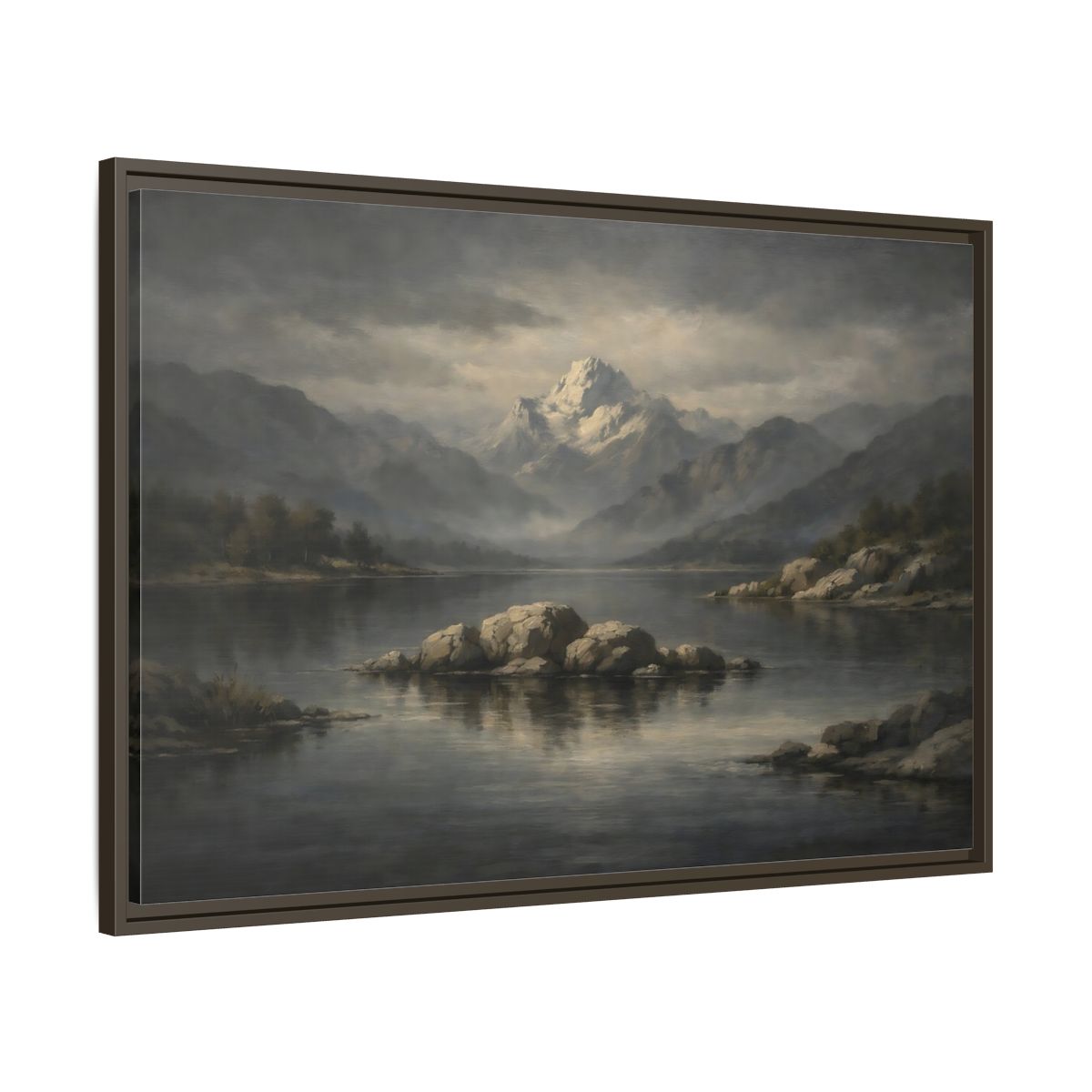 Side Mockup 9. Nature Mountain Lake Grey And Blue Landscape shown as stretched canvas wall art