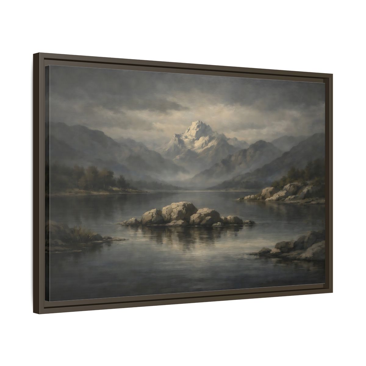 Side Mockup 11. Nature Mountain Lake Grey And Blue Landscape shown as stretched canvas wall art