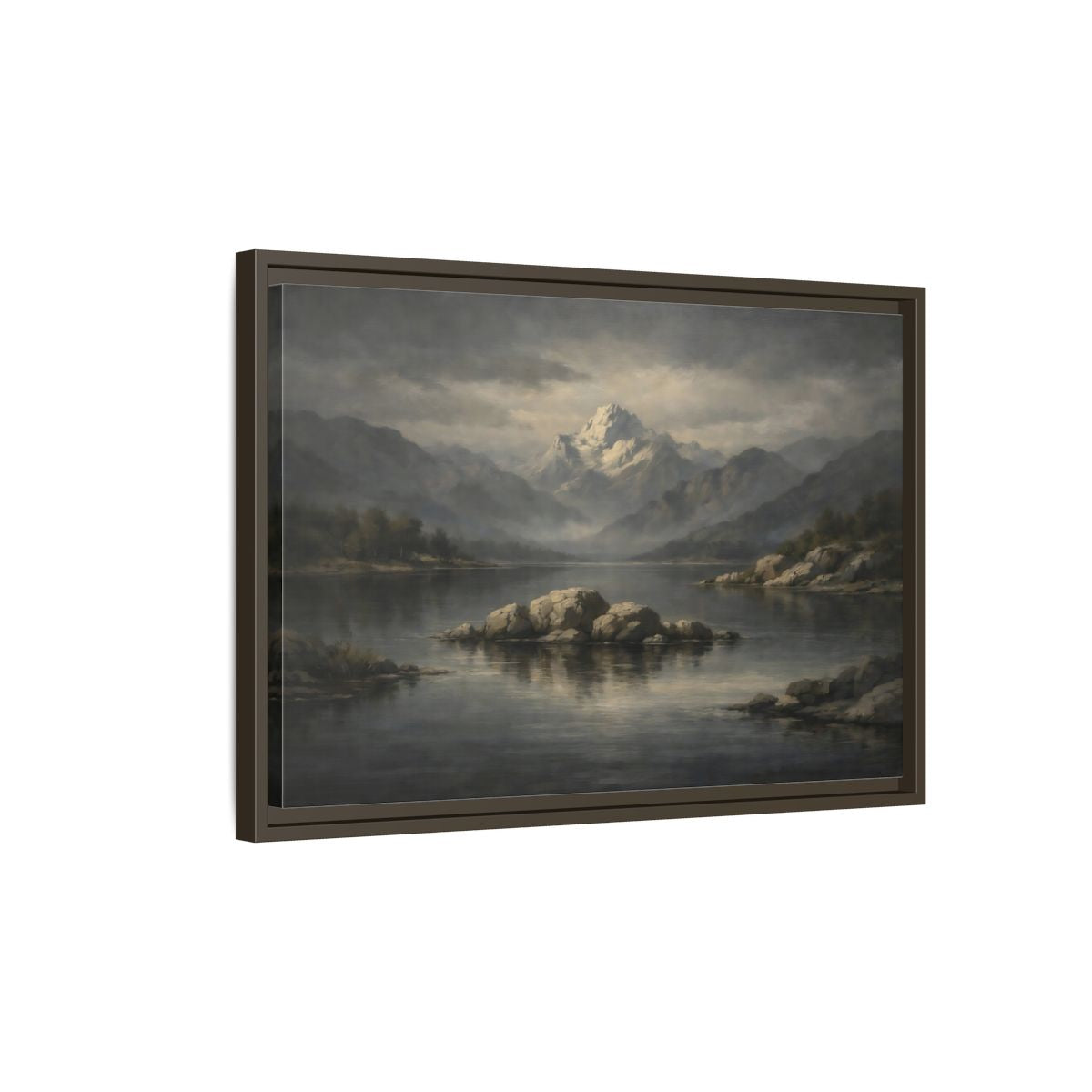 Side Mockup 2. Nature Mountain Lake Grey And Blue Landscape shown as stretched canvas wall art