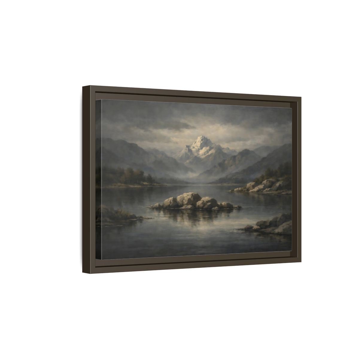 Side Mockup 5. Nature Mountain Lake Grey And Blue Landscape shown as stretched canvas wall art