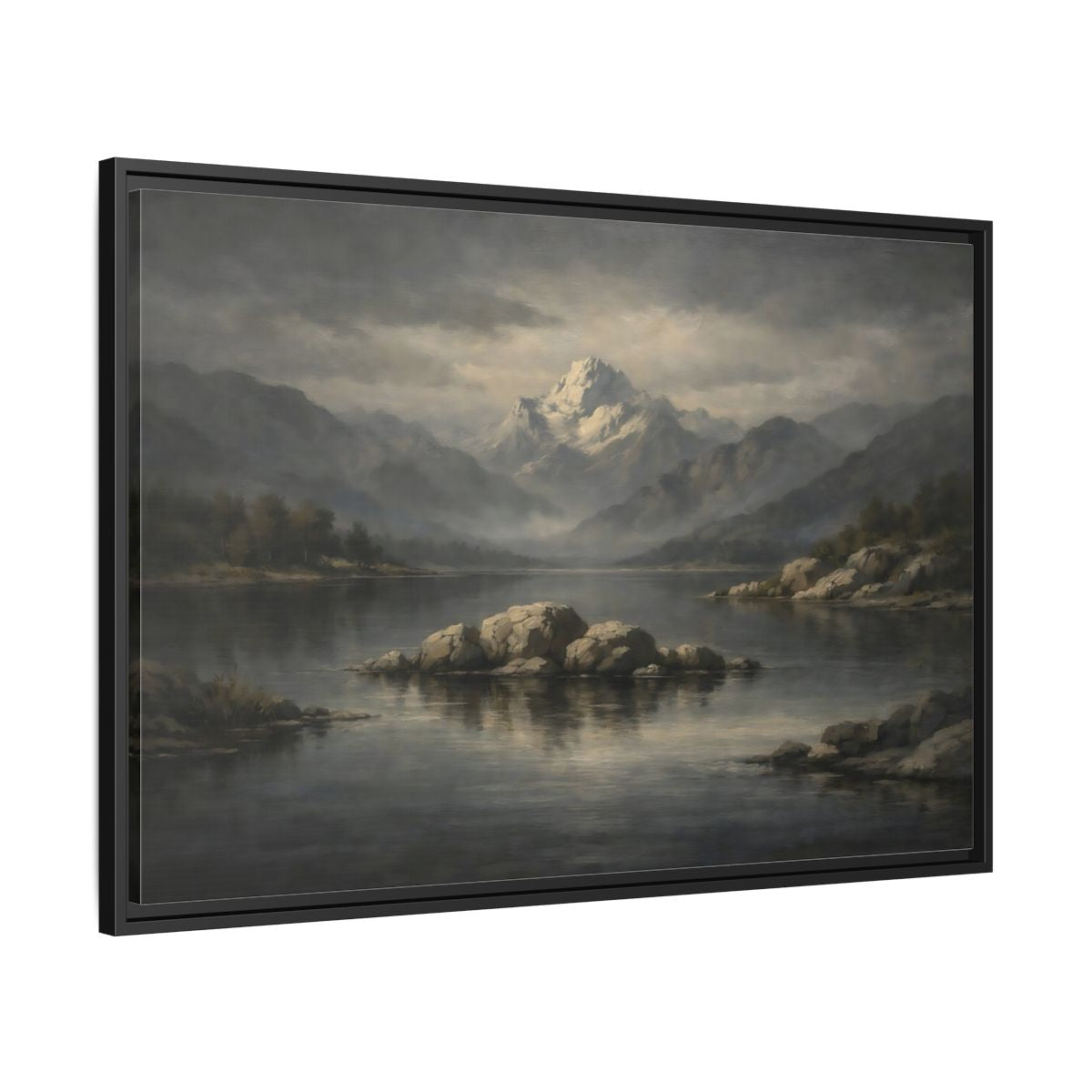 Side Mockup 13. Nature Mountain Lake Grey And Blue Landscape shown as stretched canvas wall art