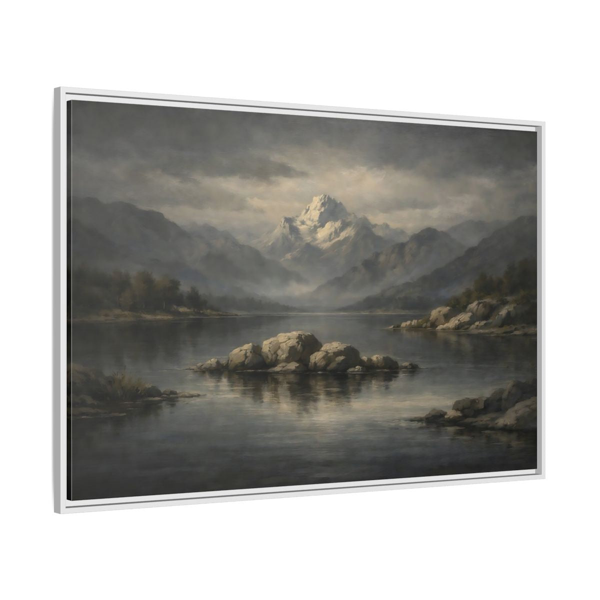 Side Mockup 7. Nature Mountain Lake Grey And Blue Landscape shown as stretched canvas wall art