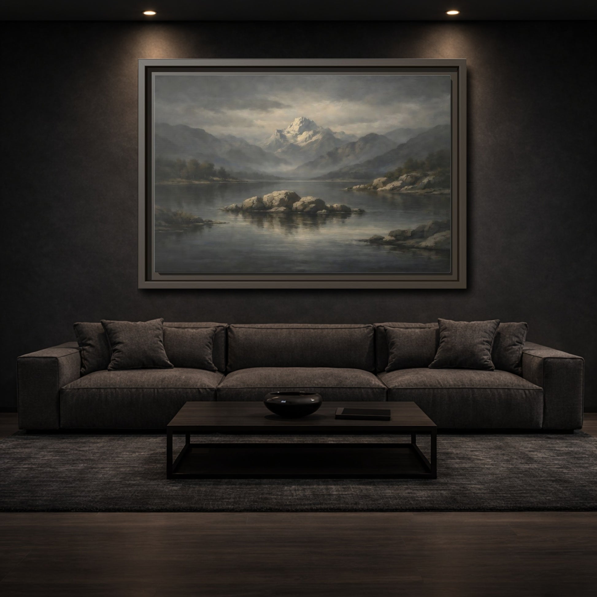 Mockup 2. Nature Mountain Lake Grey And Blue Landscape shown as stretched canvas wall art