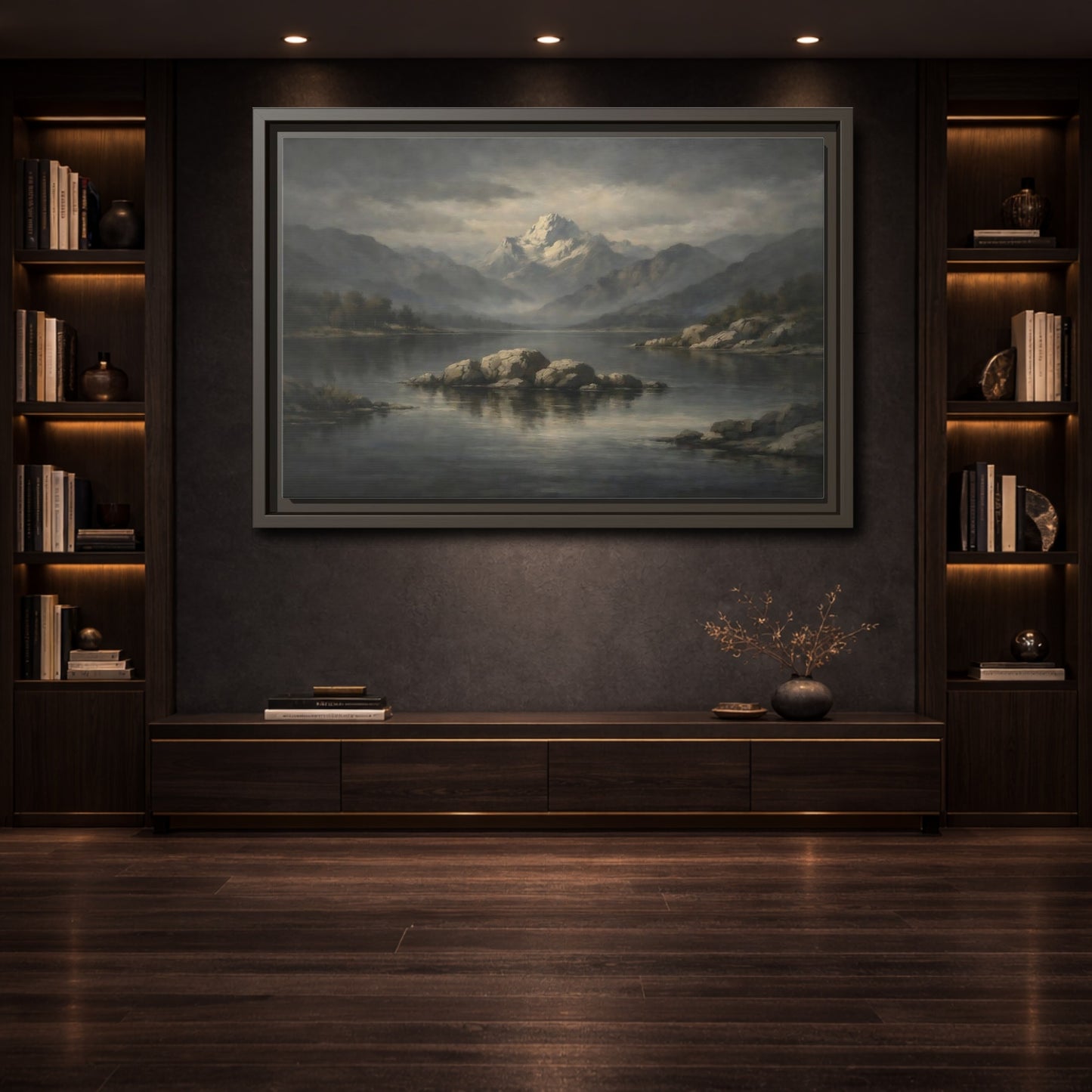 Mockup 3. Nature Mountain Lake Grey And Blue Landscape shown as stretched canvas wall art
