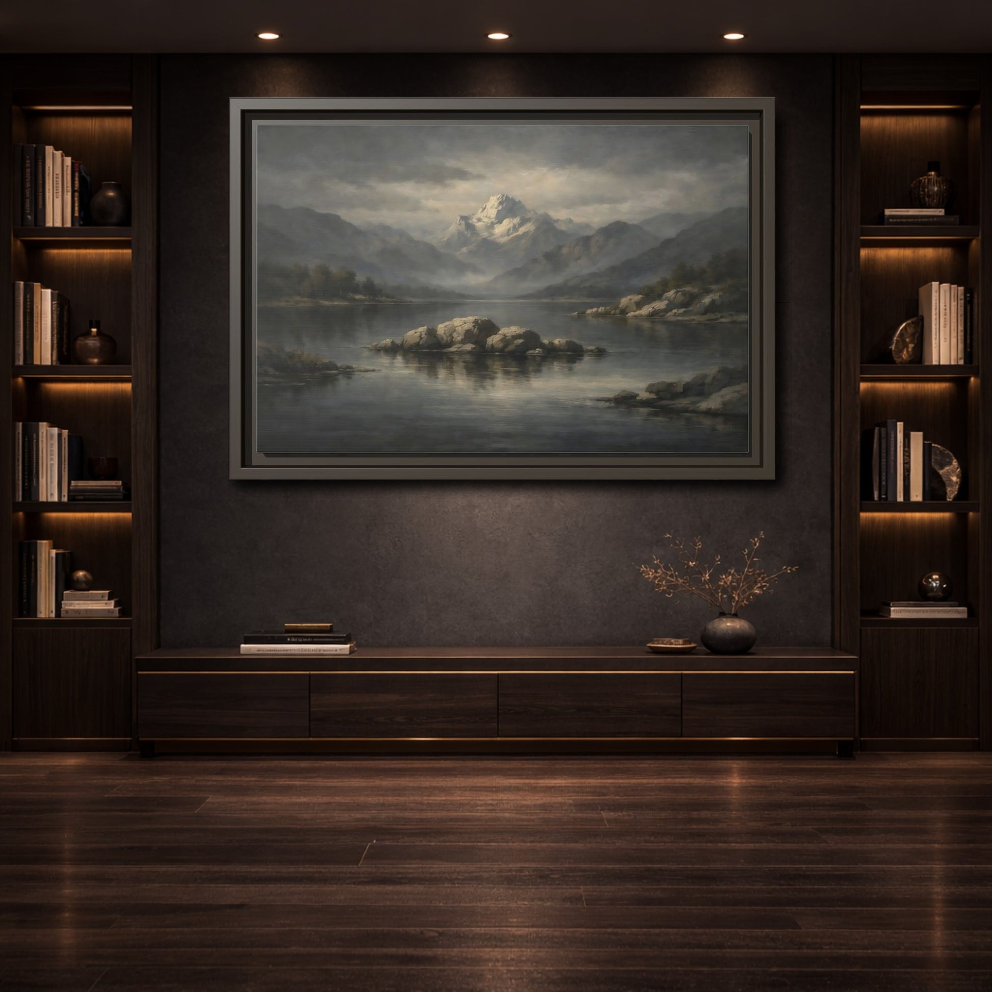 Mockup 3. Nature Mountain Lake Grey And Blue Landscape shown as stretched canvas wall art