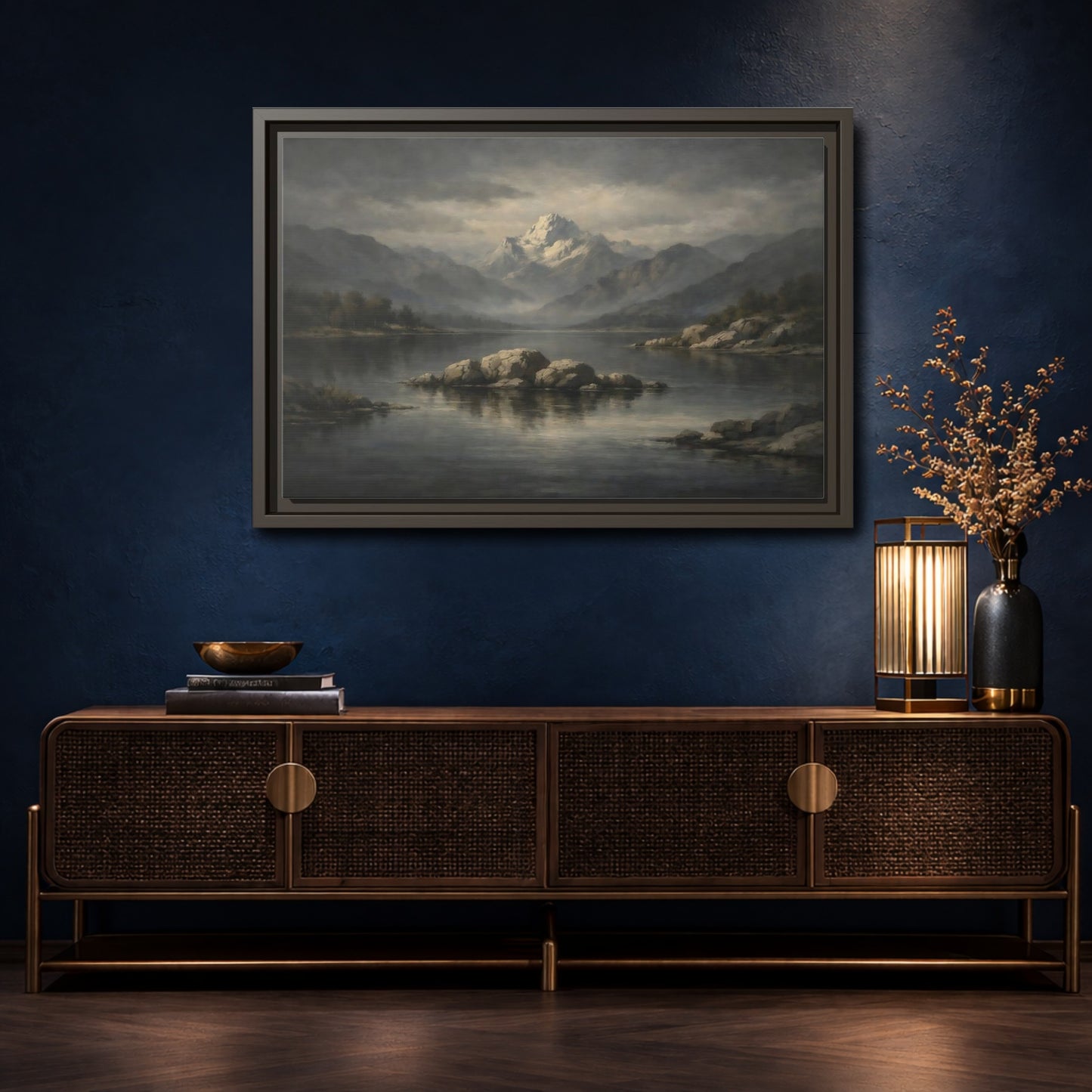 Mockup 4. Nature Mountain Lake Grey And Blue Landscape shown as stretched canvas wall art